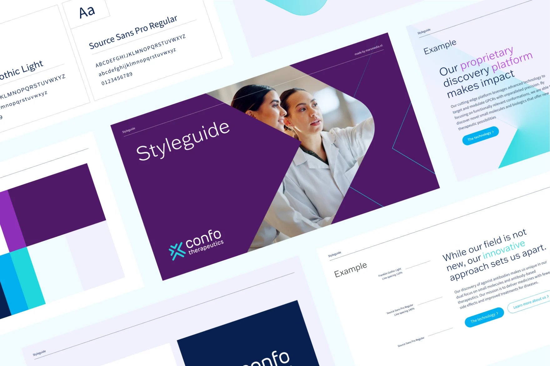 Confo Therapeutics brand styleguide pages showing typography, colors and layout examples