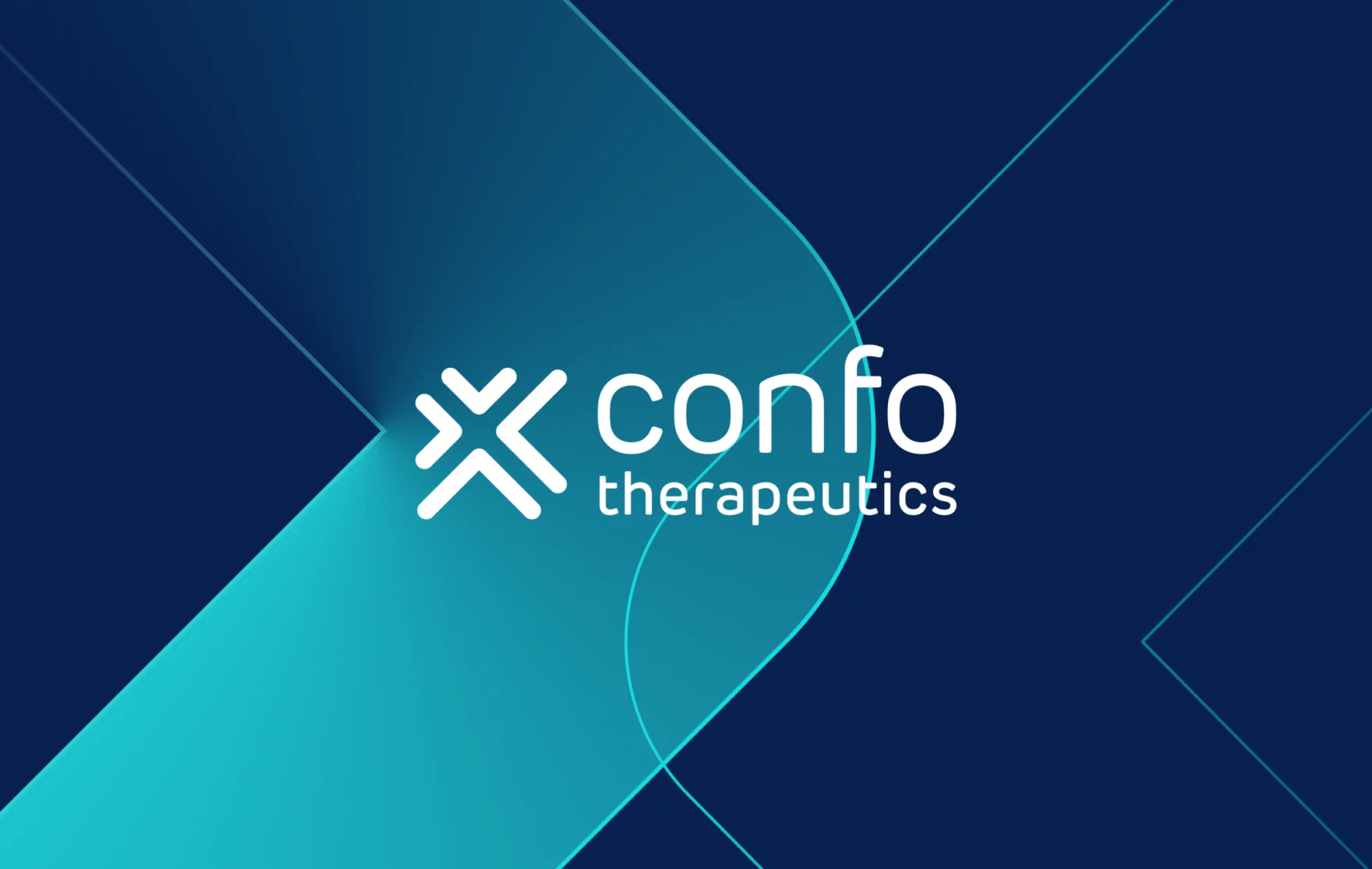 Confo Therapeutics logo on a teal and navy geometric brand background