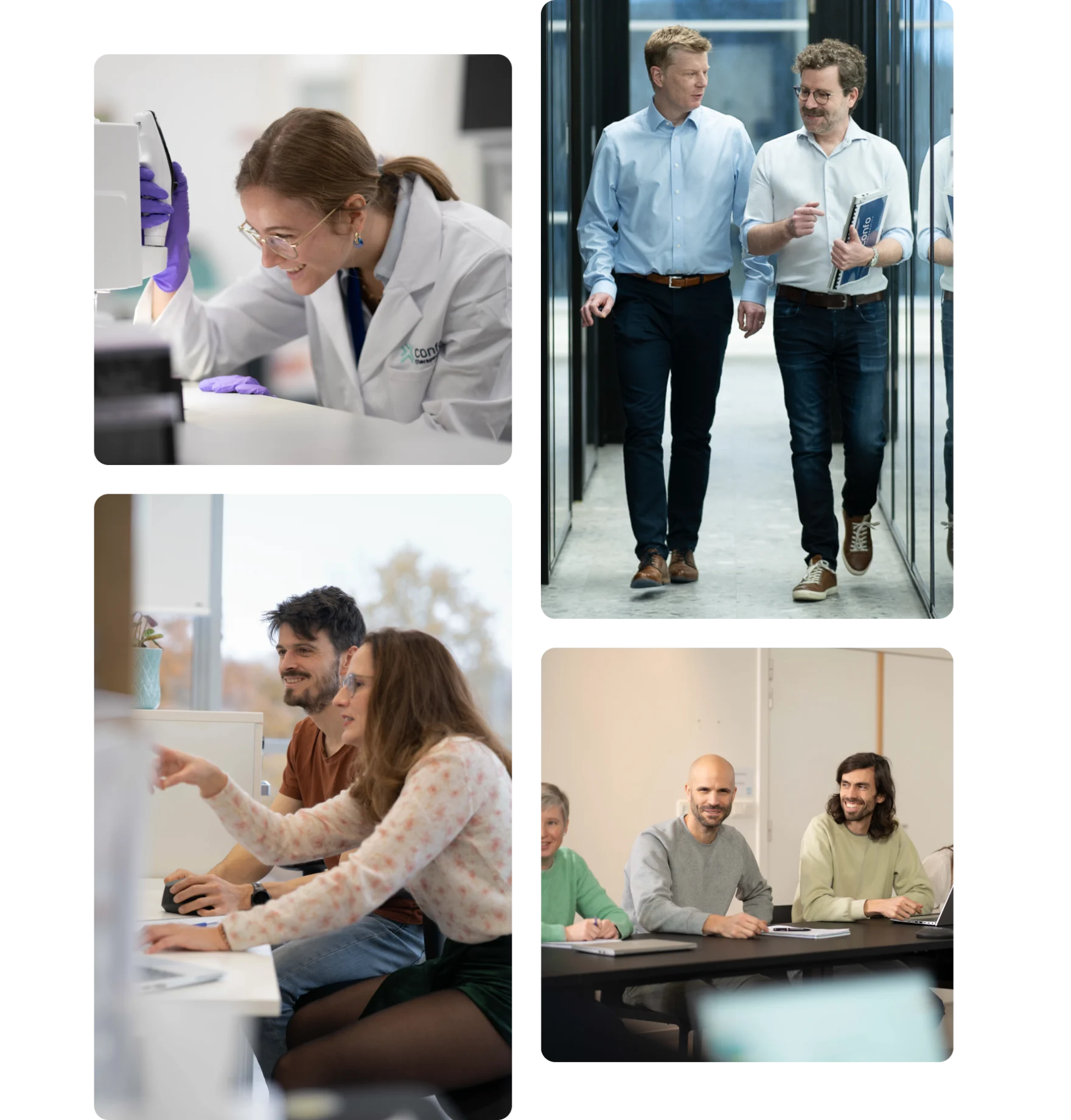 Collage of Confo Therapeutics team photos in the lab, office and meetings