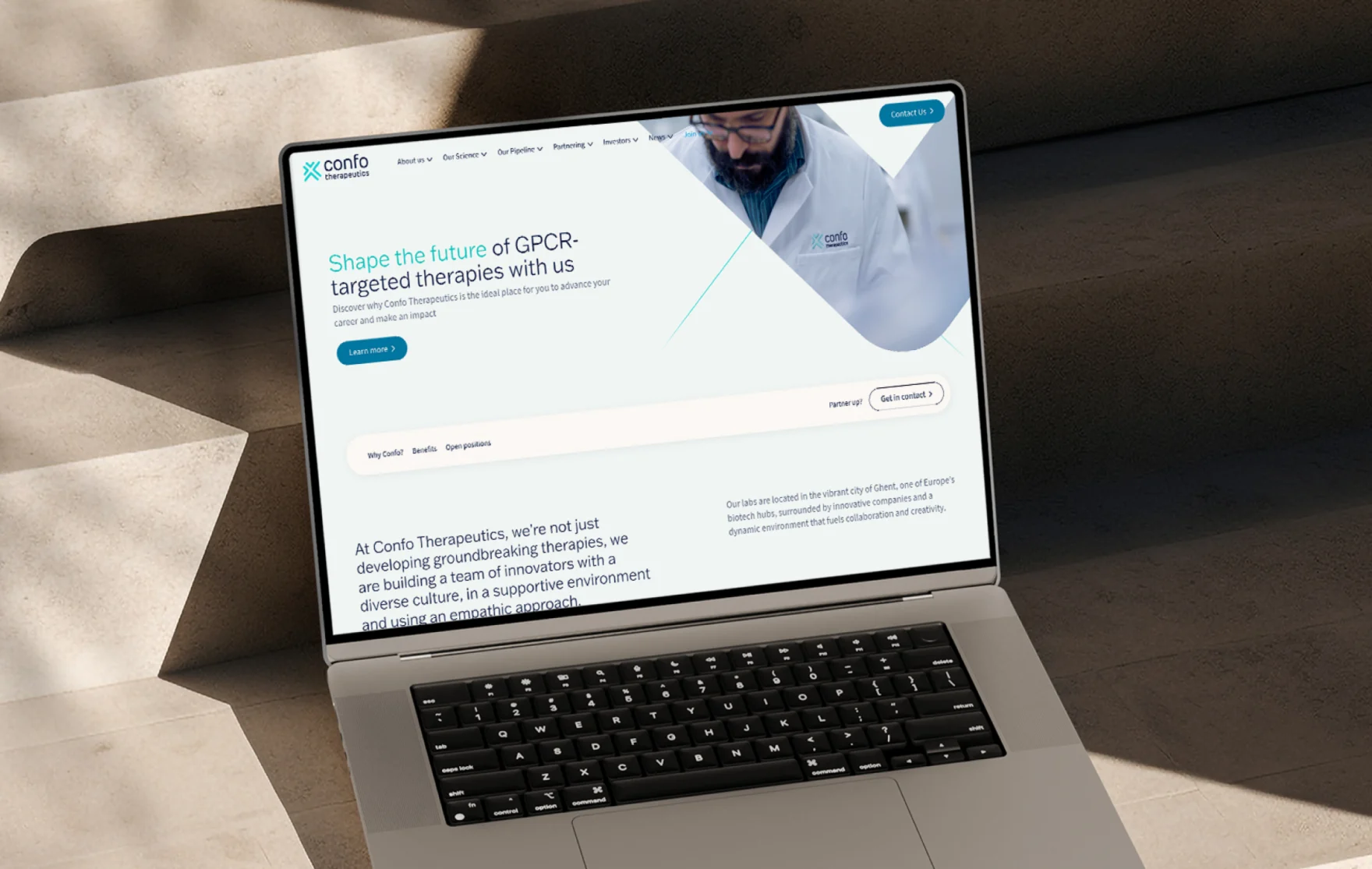 Laptop mockup of the Confo Therapeutics careers page design