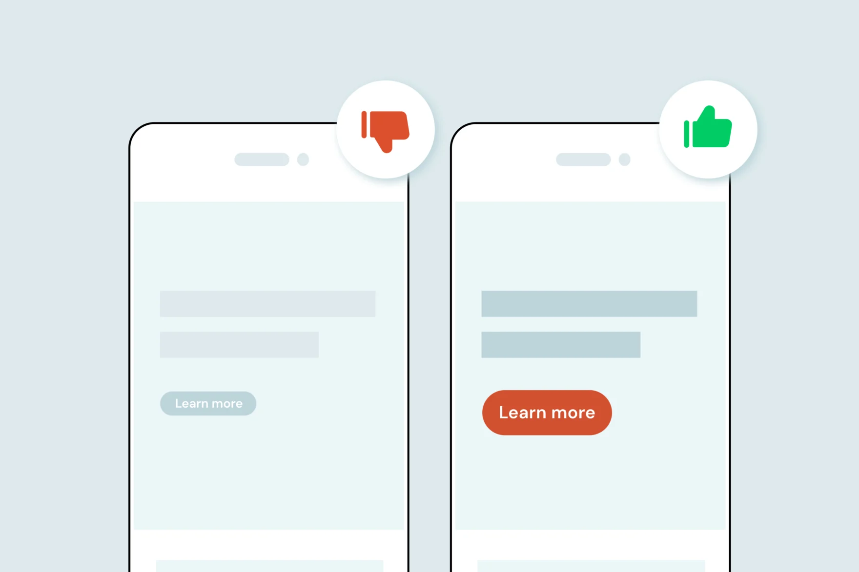 Illustration contrasting poor and effective UX button design on mobile screens