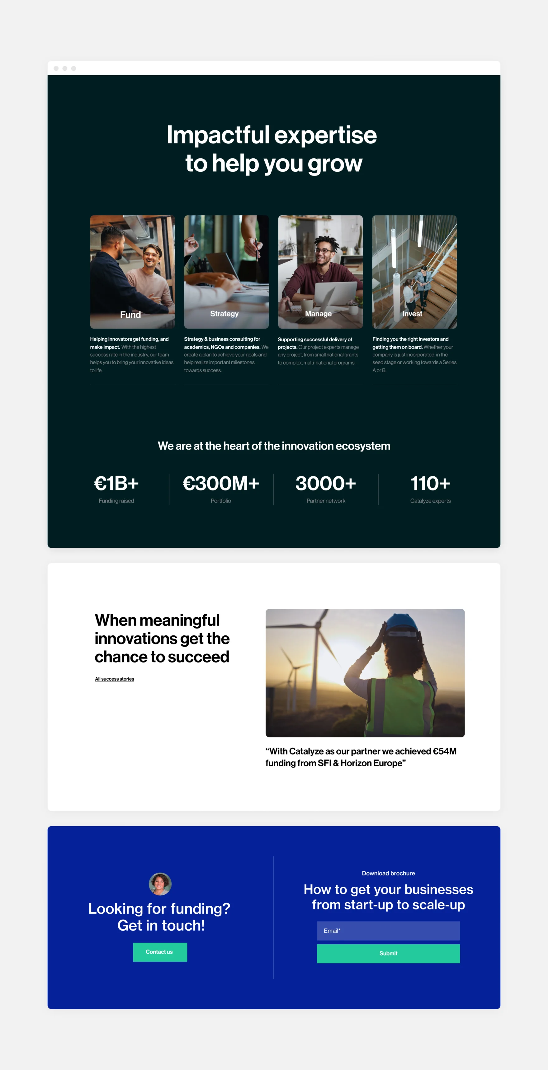 Homepage of the Catalyze website designed by Mars, showing funding and innovation services