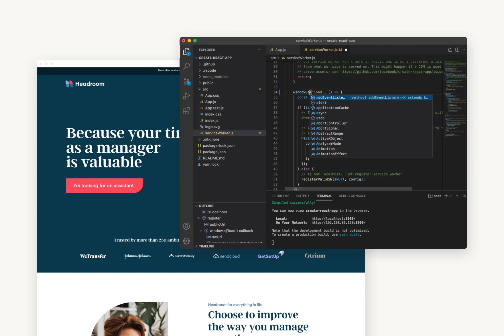 Headroom landing page design overlaid with a VS Code editor window showing code