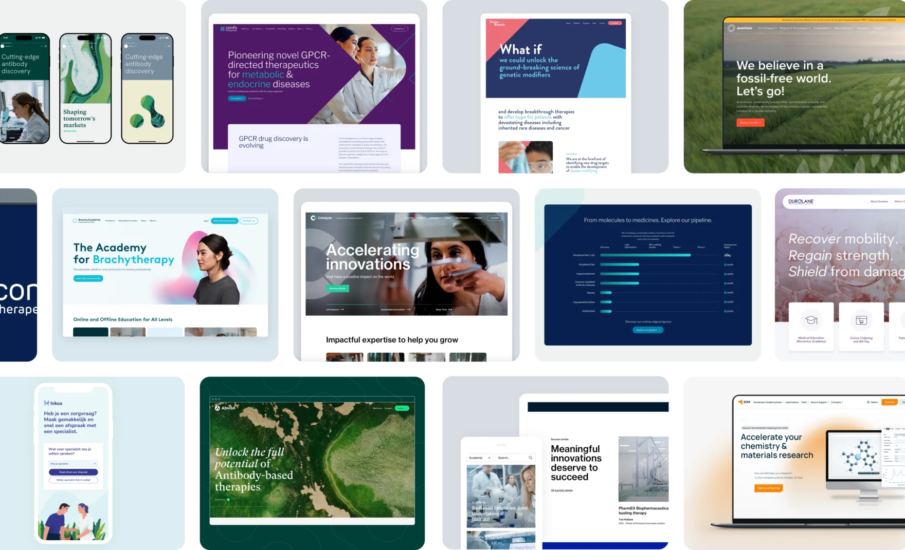 Collage van websiteontwerpen op het gebied van biotechnologie en levenswetenschappen, gemaakt door Mars, waaronder Confo Therapeutics en Catalyze