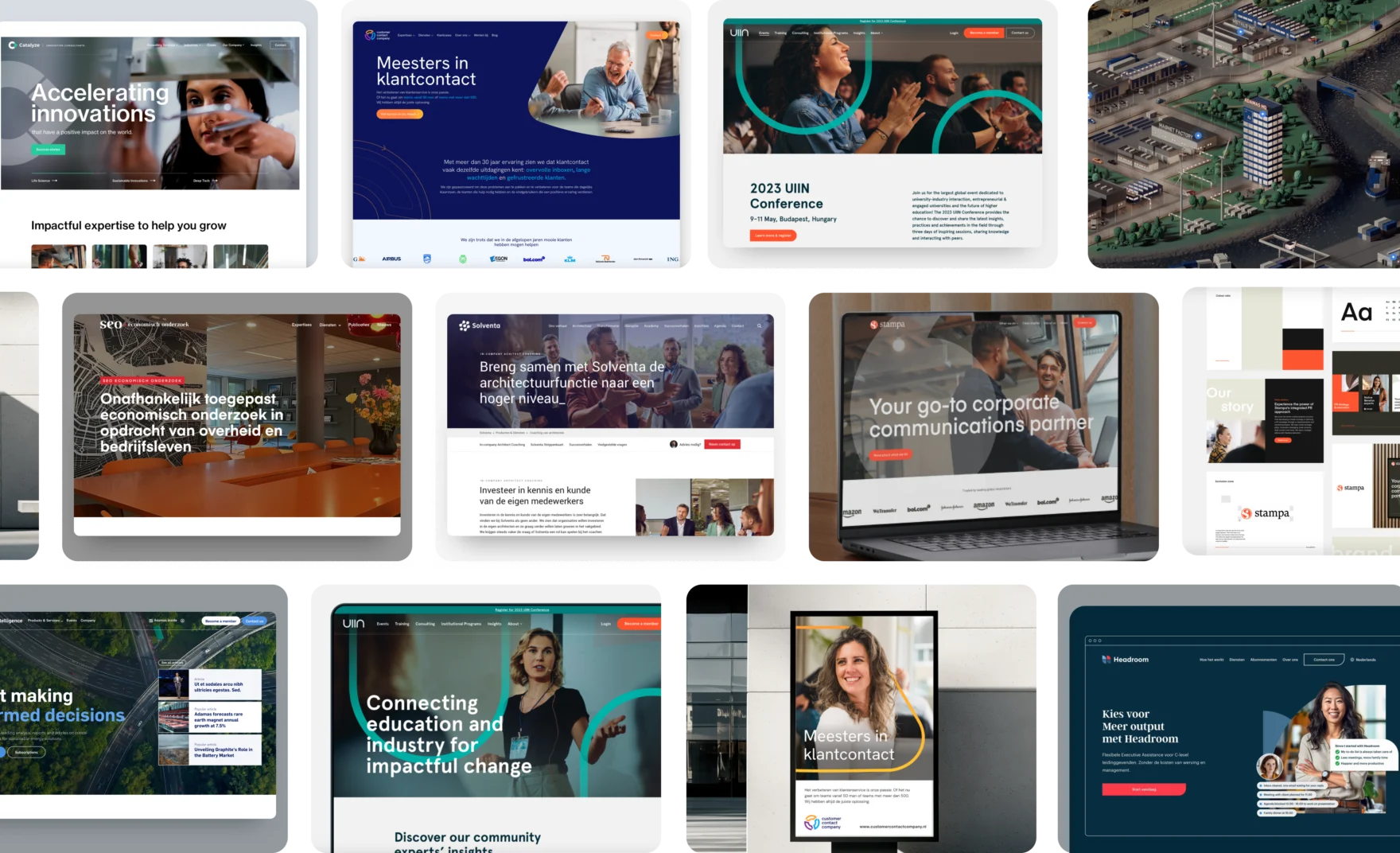 Collage of consultancy industry website designs created by Mars, including Catalyze and UIIN