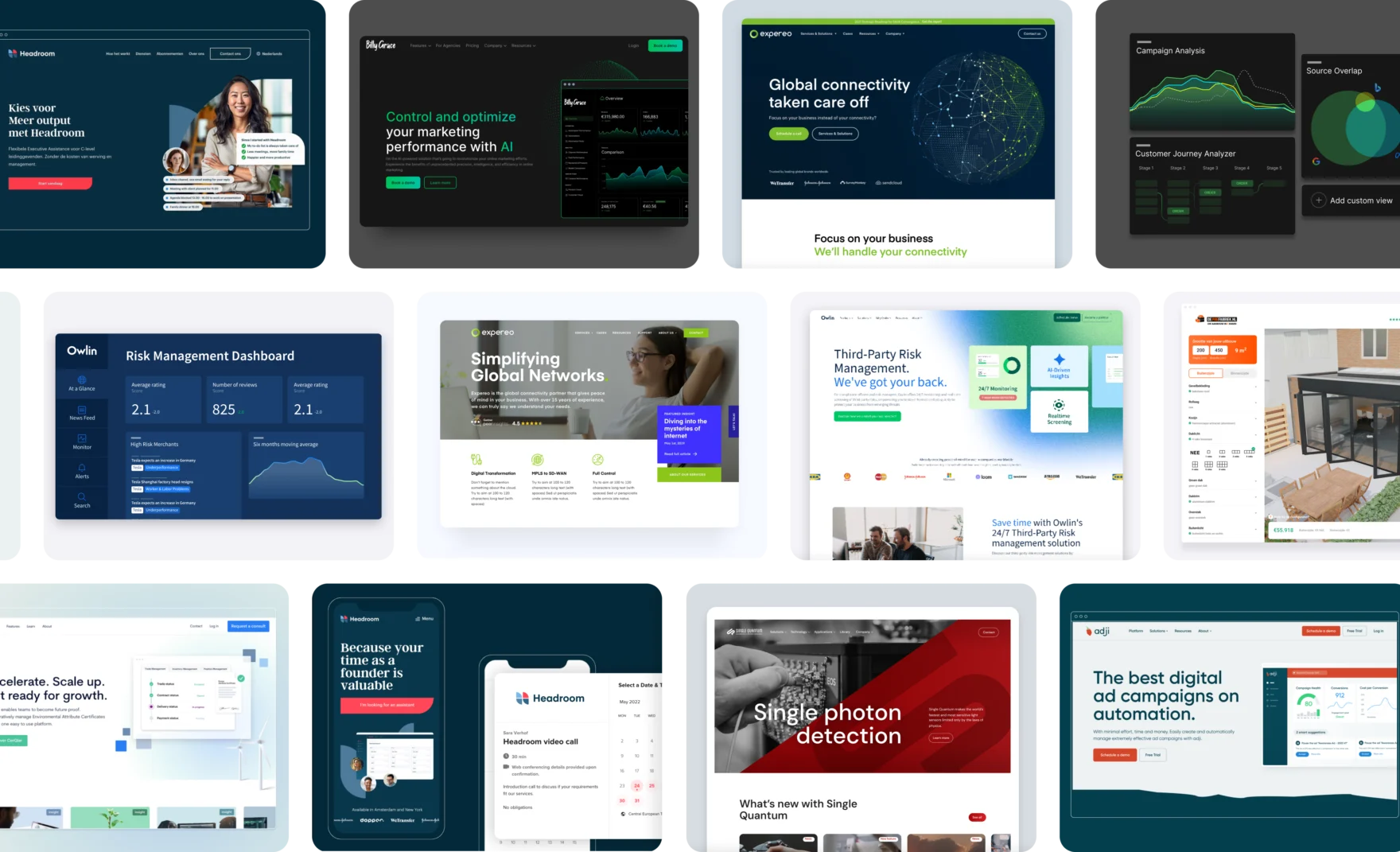 Collage of tech industry website designs created by Mars for clients like Headroom, Expereo and Owlin