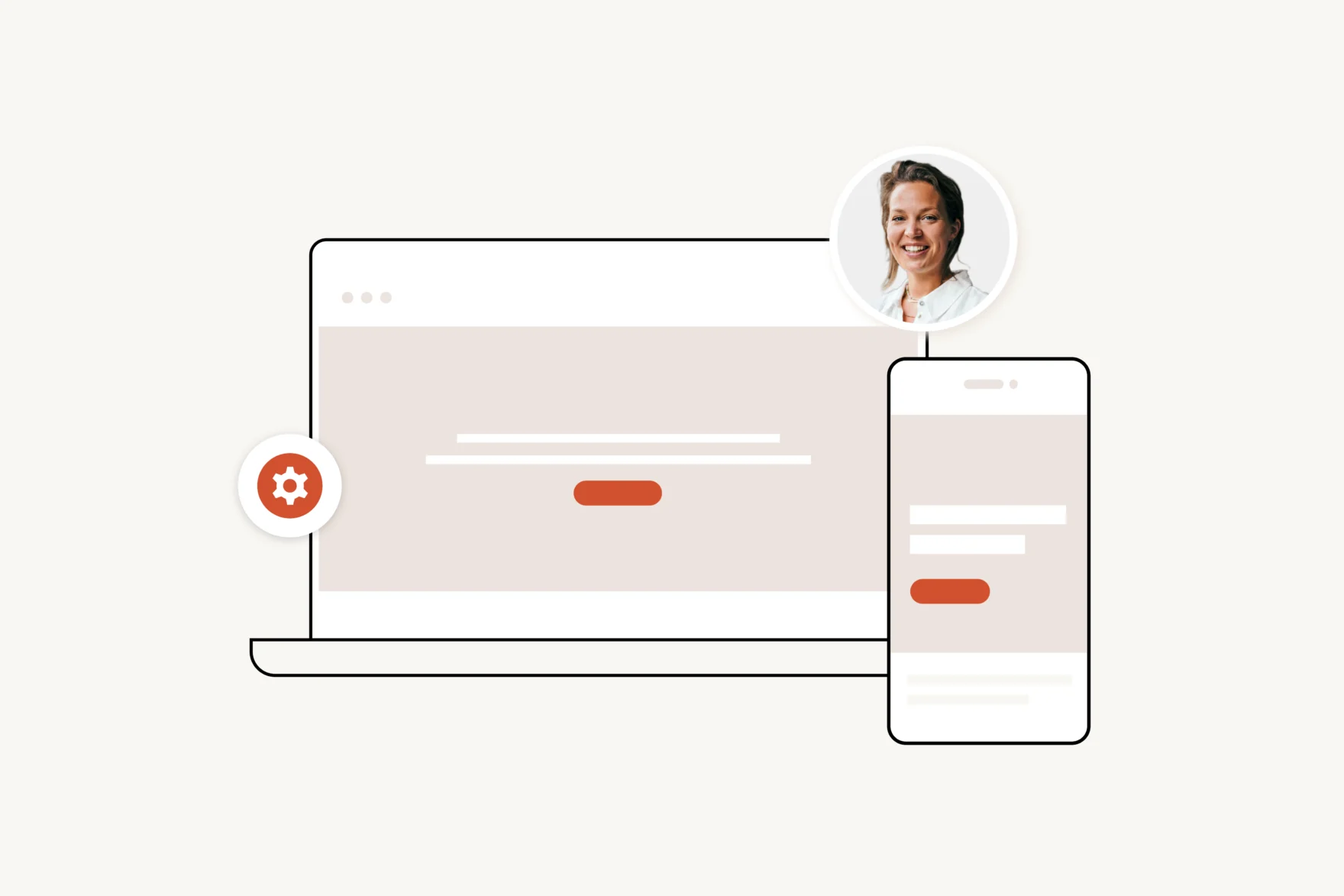 Illustration of a website manual shown on laptop and phone screens with a settings icon