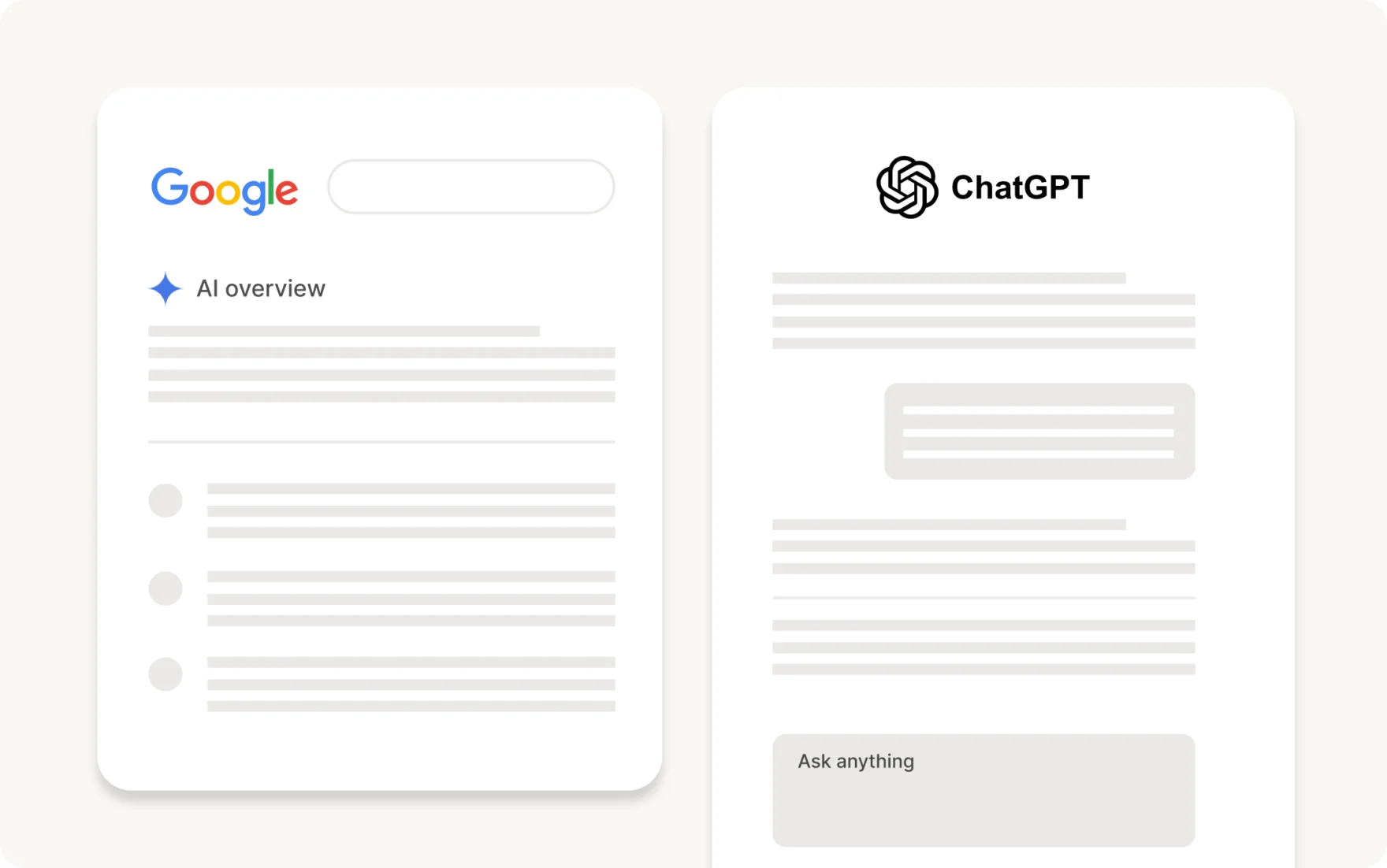 Illustration comparing Google's AI Overview and a ChatGPT chat interface for GEO