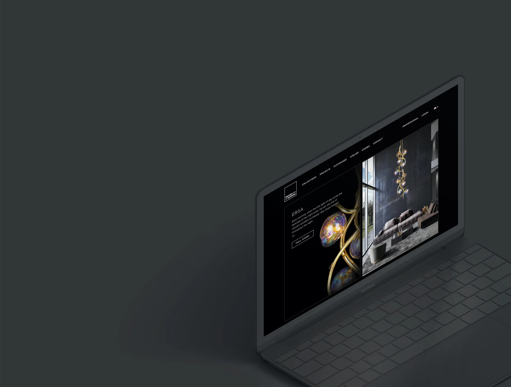Brand van Egmond homepage design on a laptop, featuring the ERSA lighting collection