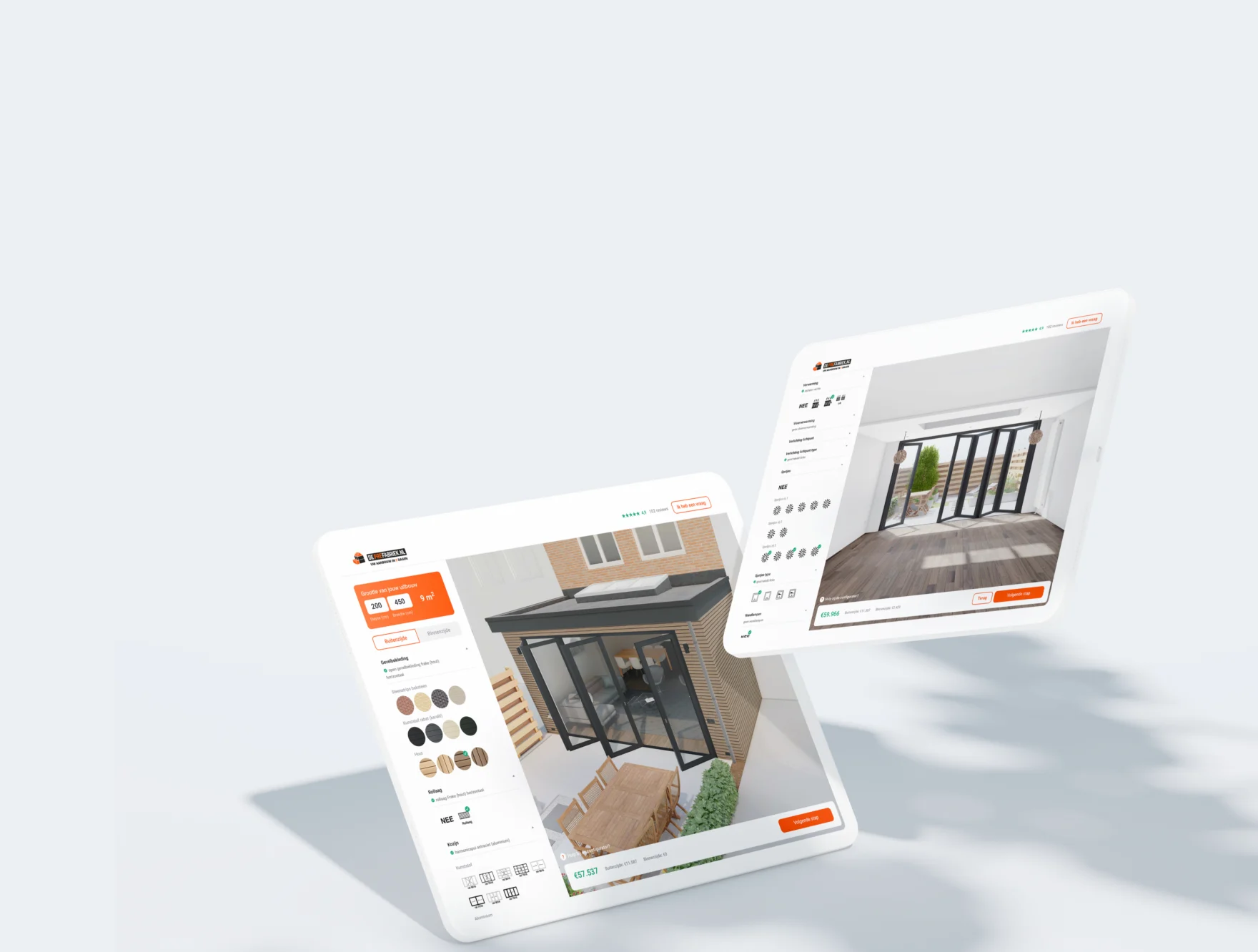 De Prefabriek online configurator on two tablets showing exterior and interior extension designs