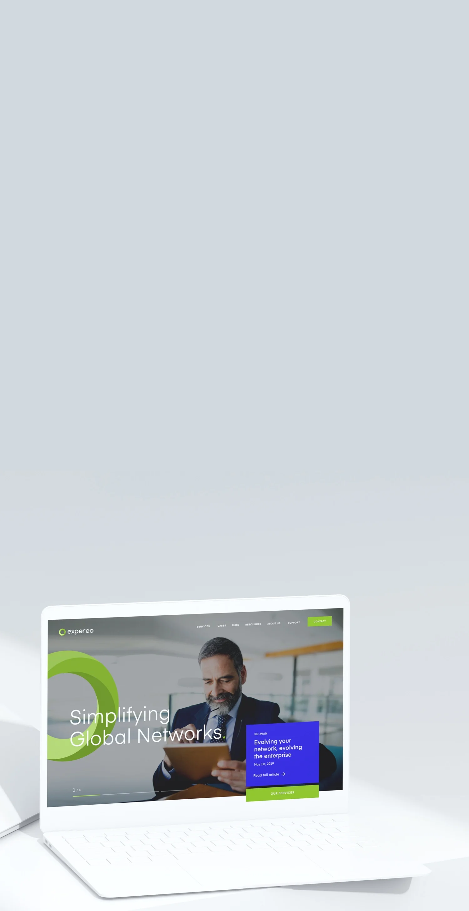 Expereo homepage design on a laptop, cropped for a narrow mobile header