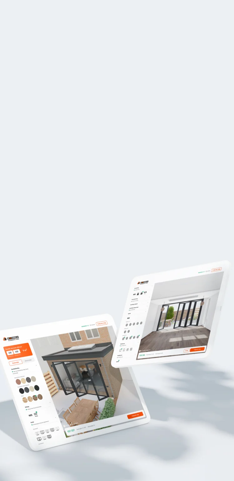 Mobile view of the De Prefabriek configurator showing house extension design options