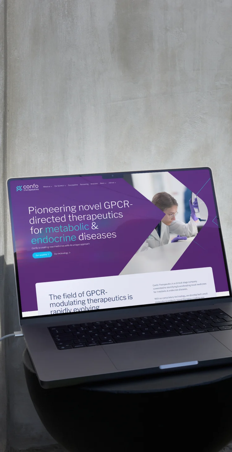 Confo Therapeutics homepage design on a laptop, cropped for a narrow mobile header