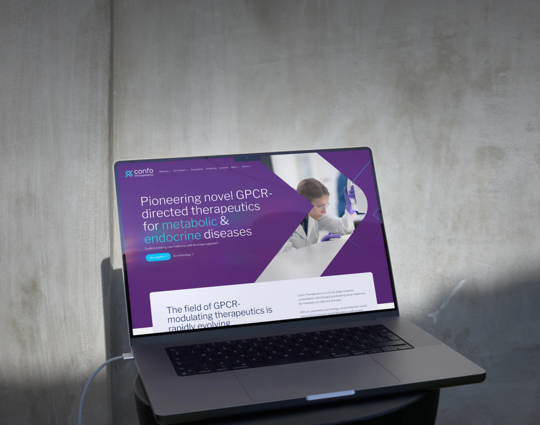 Homepage of the Confo Therapeutics website designed by Mars, shown on a laptop