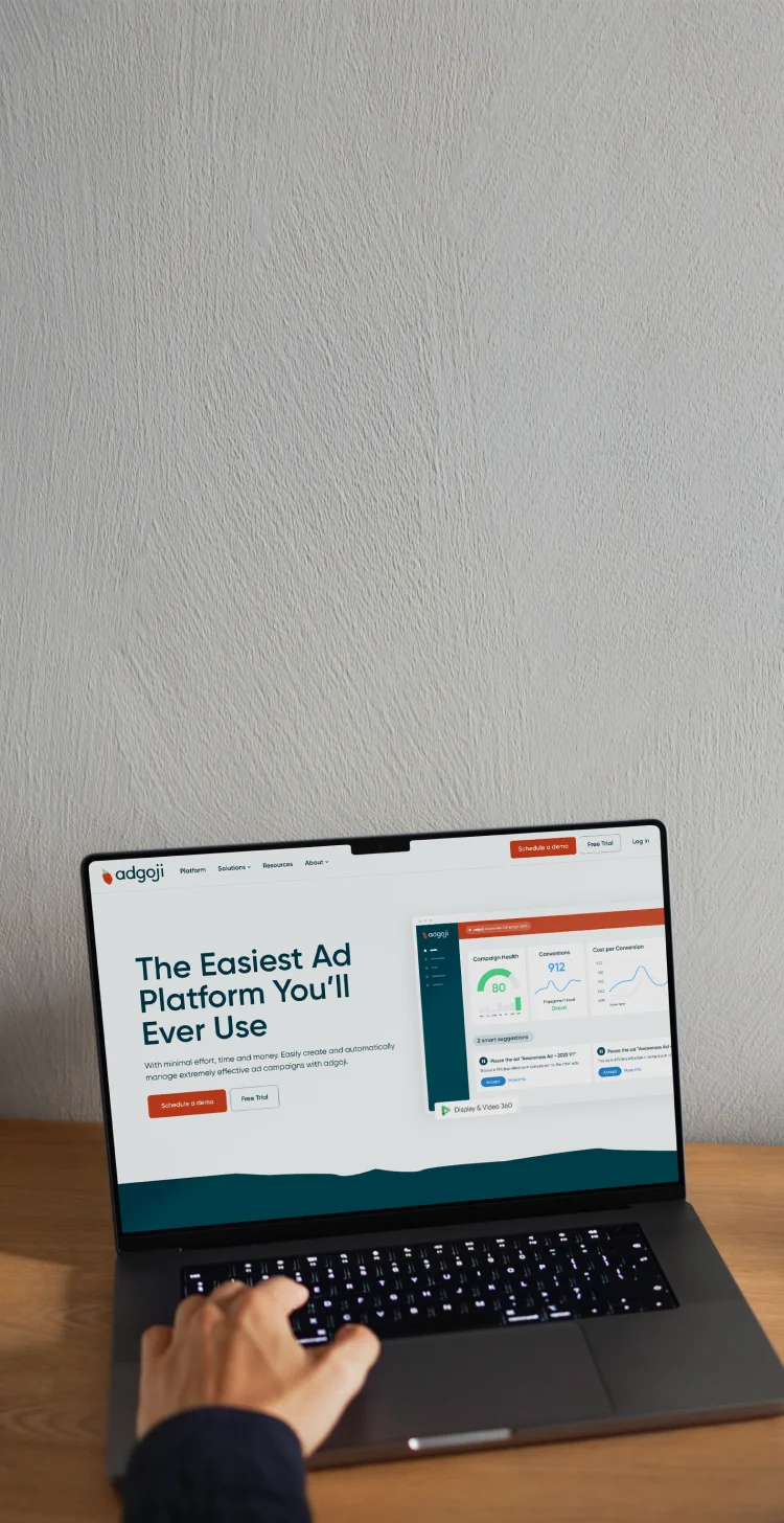 Homepage of the Adgoji website designed by Mars, close-up on a laptop screen