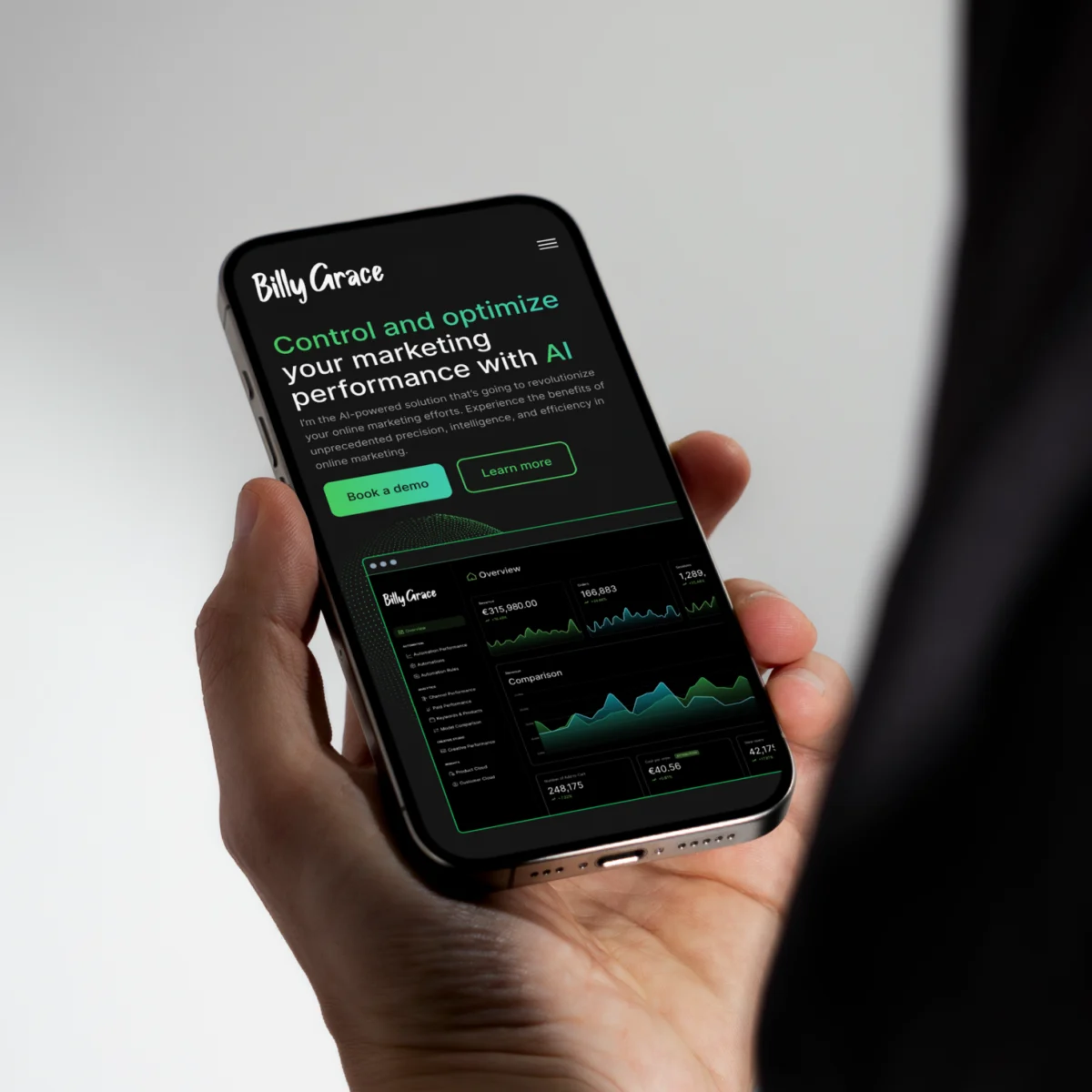 Billy Grace website on a smartphone, showing the AI marketing performance dashboard