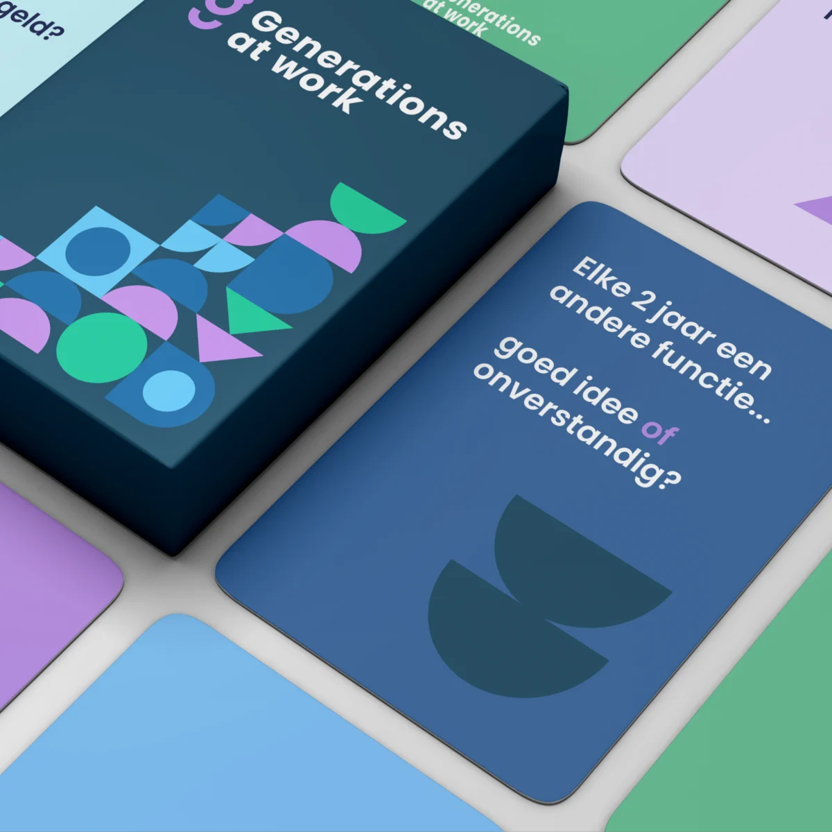 Generations at Work card game box and cards in blue, green and purple design