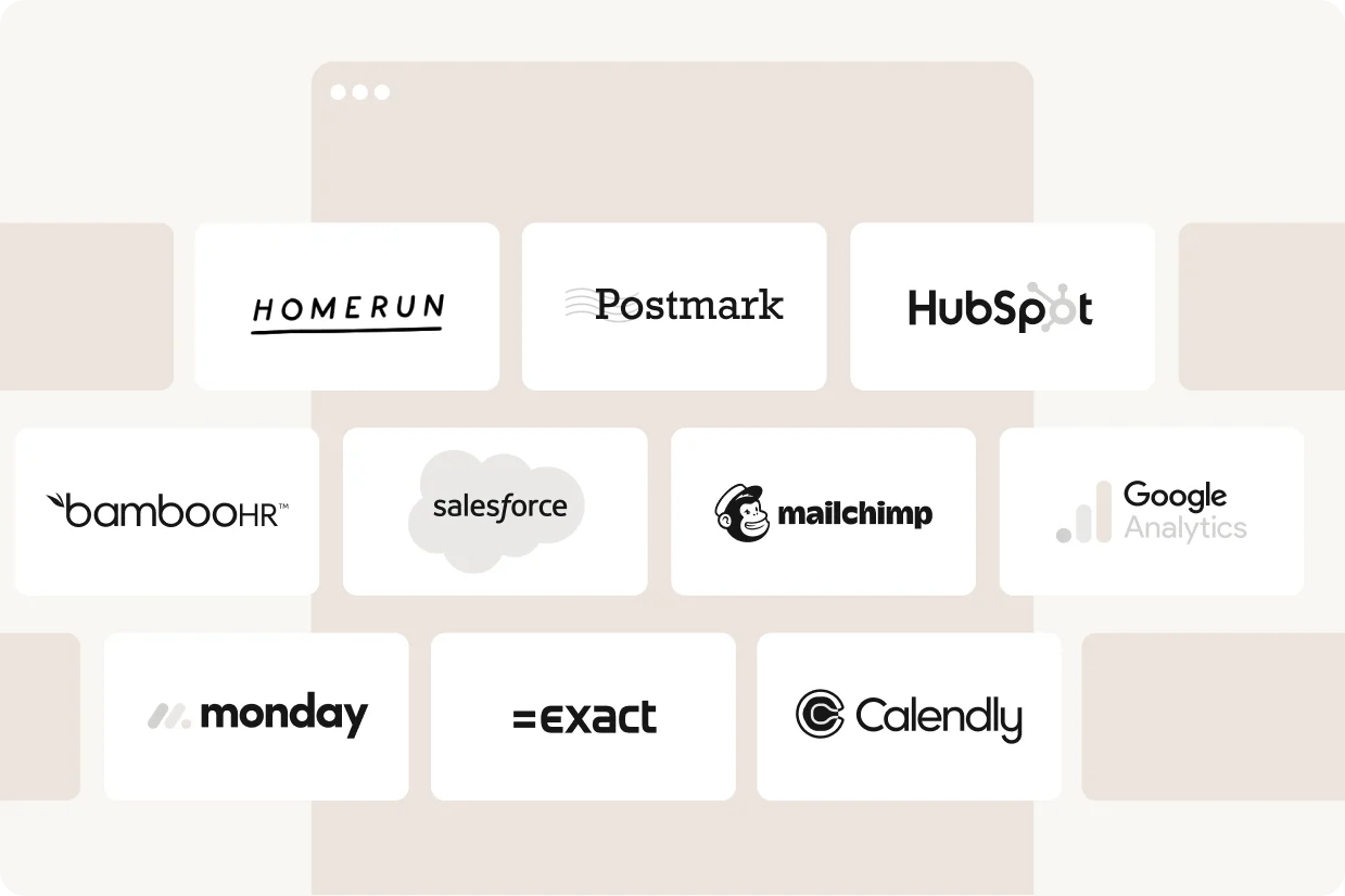 Browser window mockup displaying integration logos including HubSpot, Salesforce, Mailchimp, and Google Analytics
