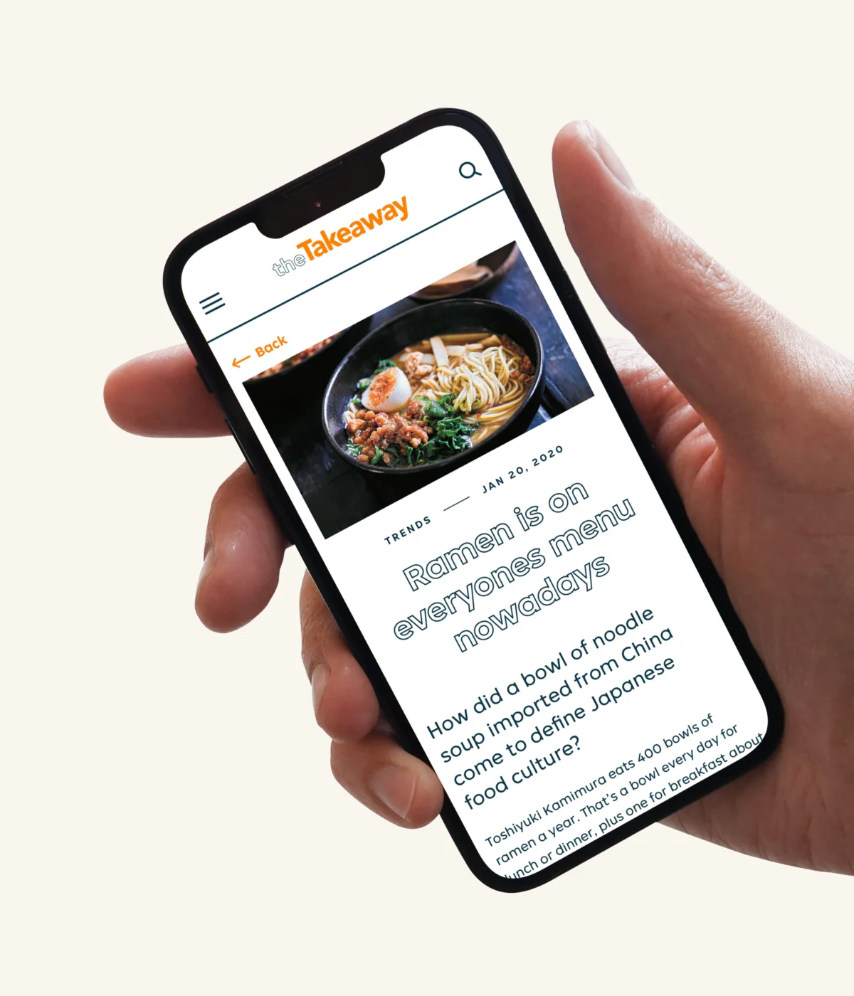 Smartphone displaying a ramen noodle article on the Takeaway food website designed by Mars