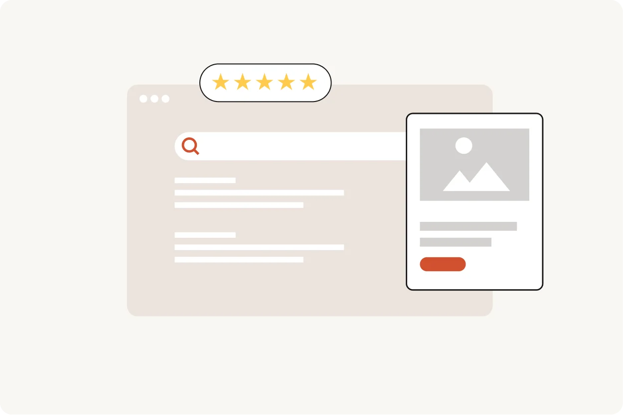 Illustration of a search page with a five-star rating and an ad banner card