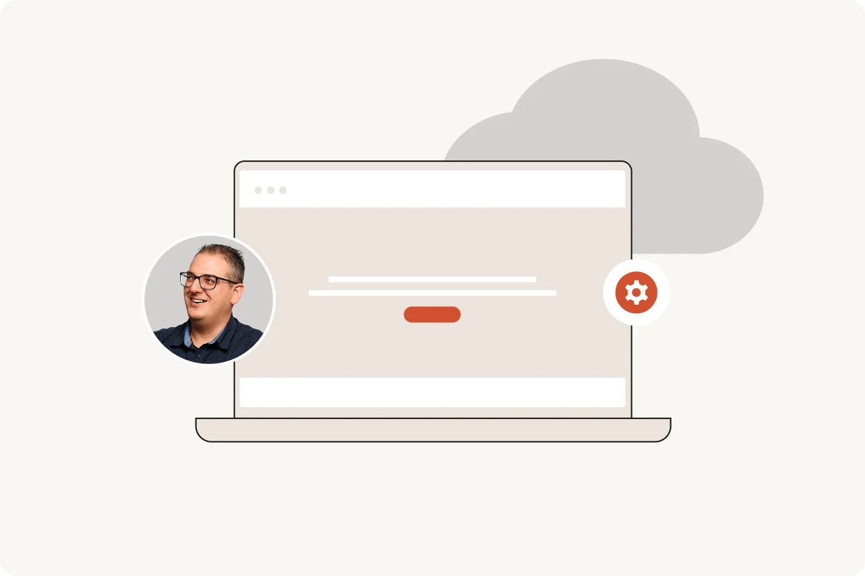 Laptop illustration with a settings icon and cloud backup graphic