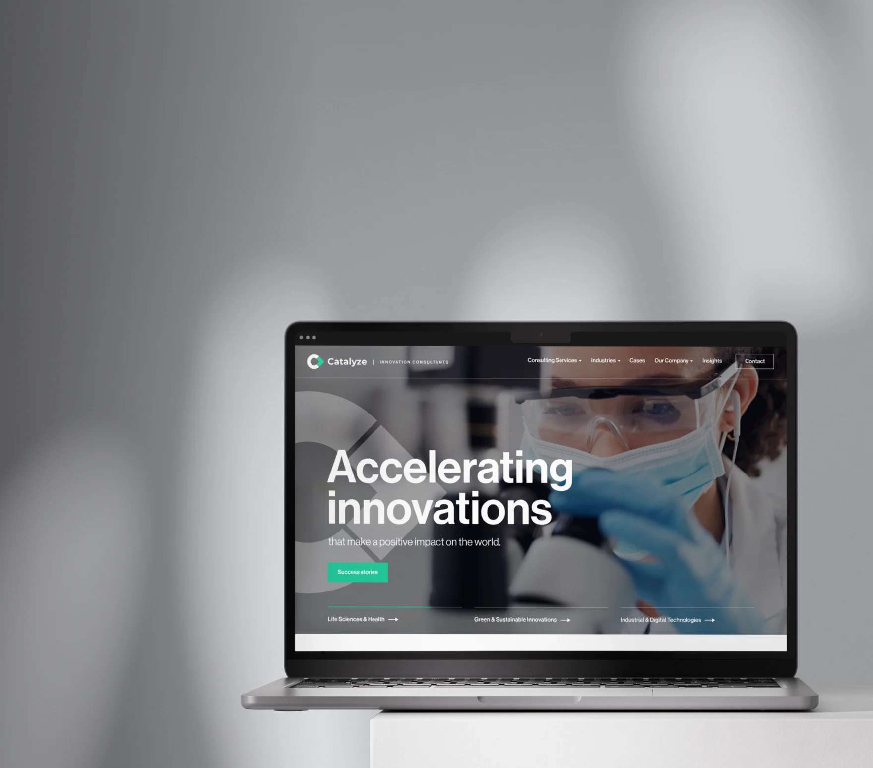 Catalyze website homepage on a laptop, showing 'Accelerating innovations' headline