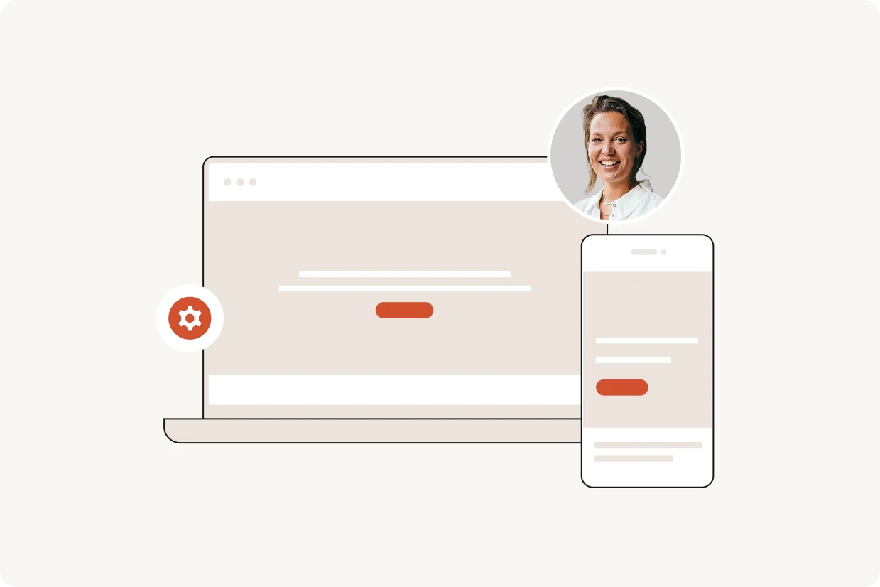 Developer avatar with a website settings icon shown on laptop and phone