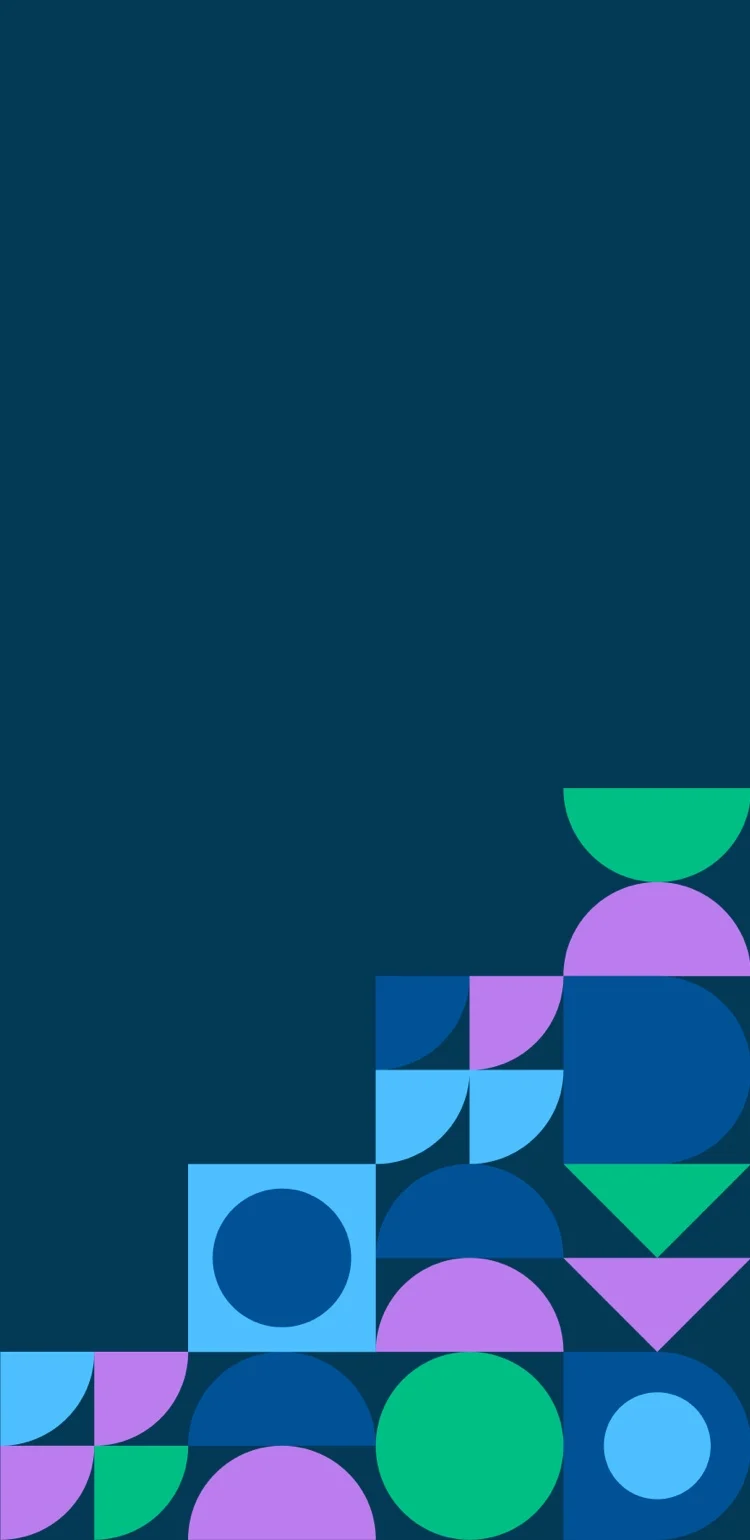 Geometric shapes in the Generations at Work brand style on a dark teal background