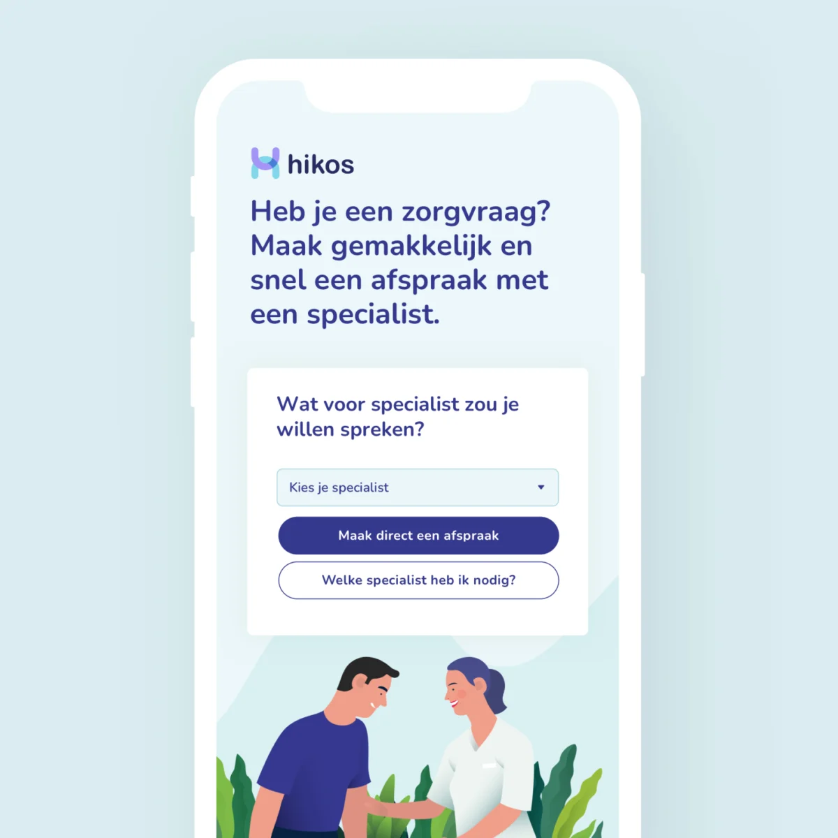 Hikos healthcare app homepage shown on a smartphone mockup
