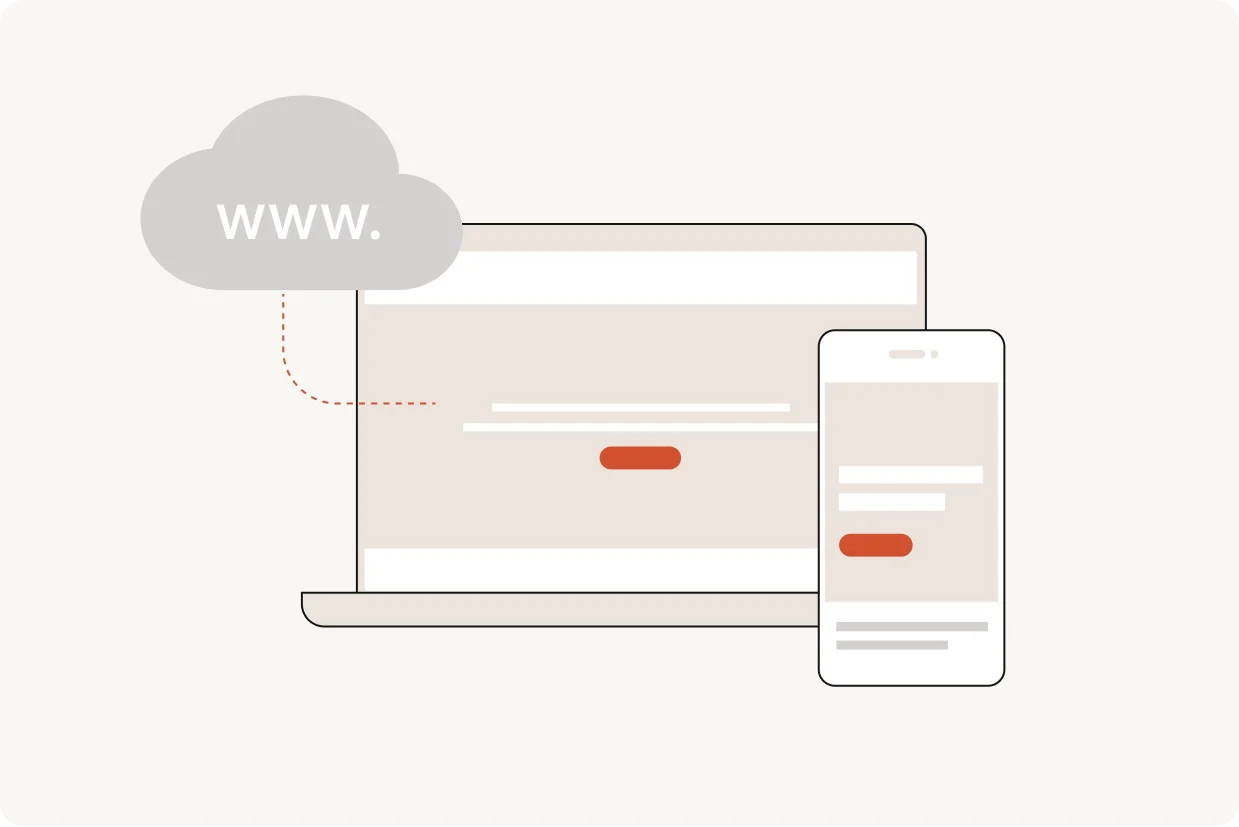 Cloud web hosting illustration connecting a 'www.' domain to laptop and mobile screens
