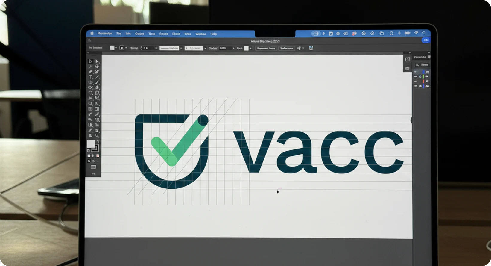 Laptop screen showing a shield-and-checkmark logo design in progress for a new health innovation client