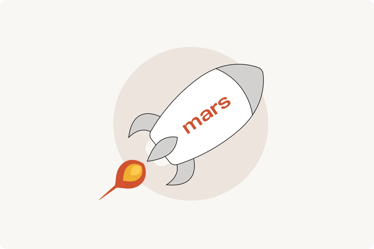Illustrated Mars rocket launching upward, symbolizing innovation and momentum