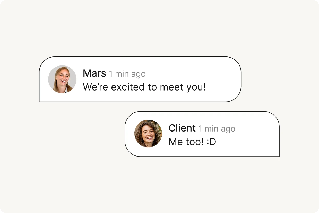 Chat bubble illustration of Mars and a client exchanging a friendly welcome message