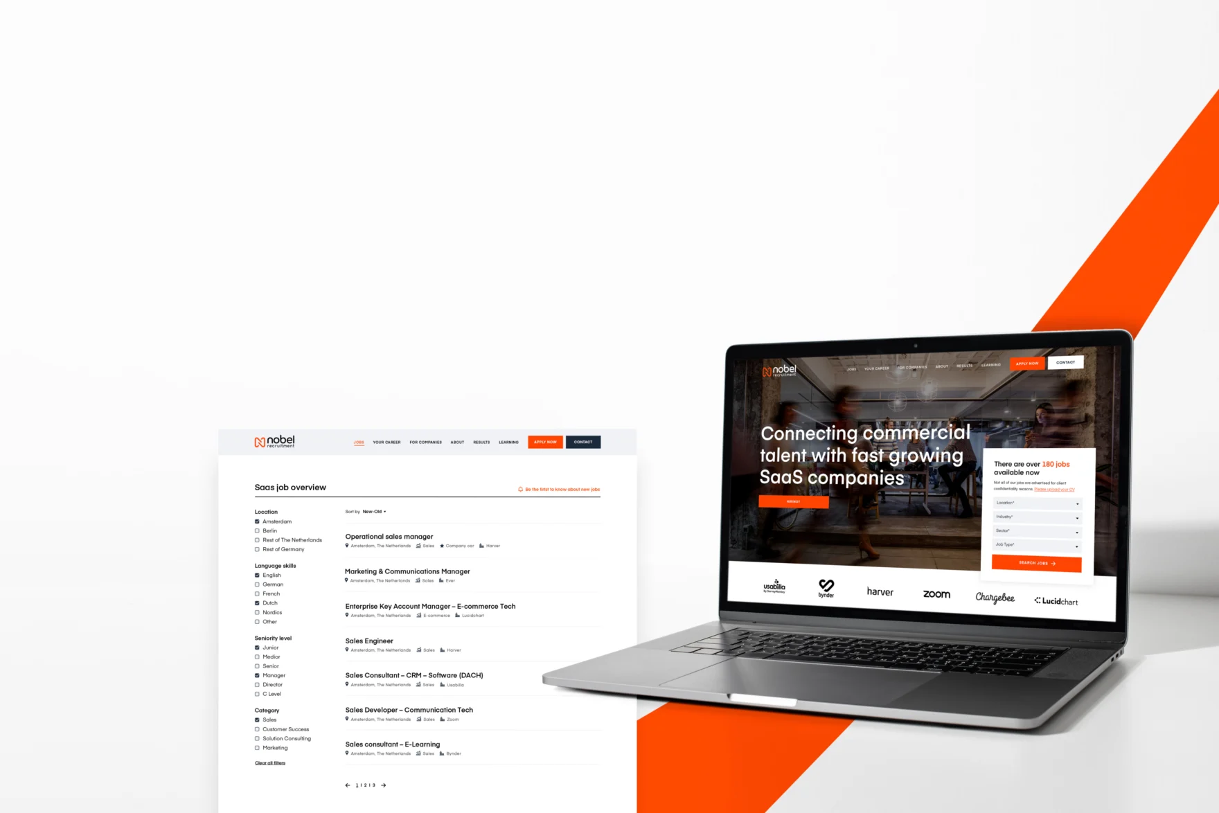 Nobel Recruitment website shown on a laptop next to a SaaS job listings page