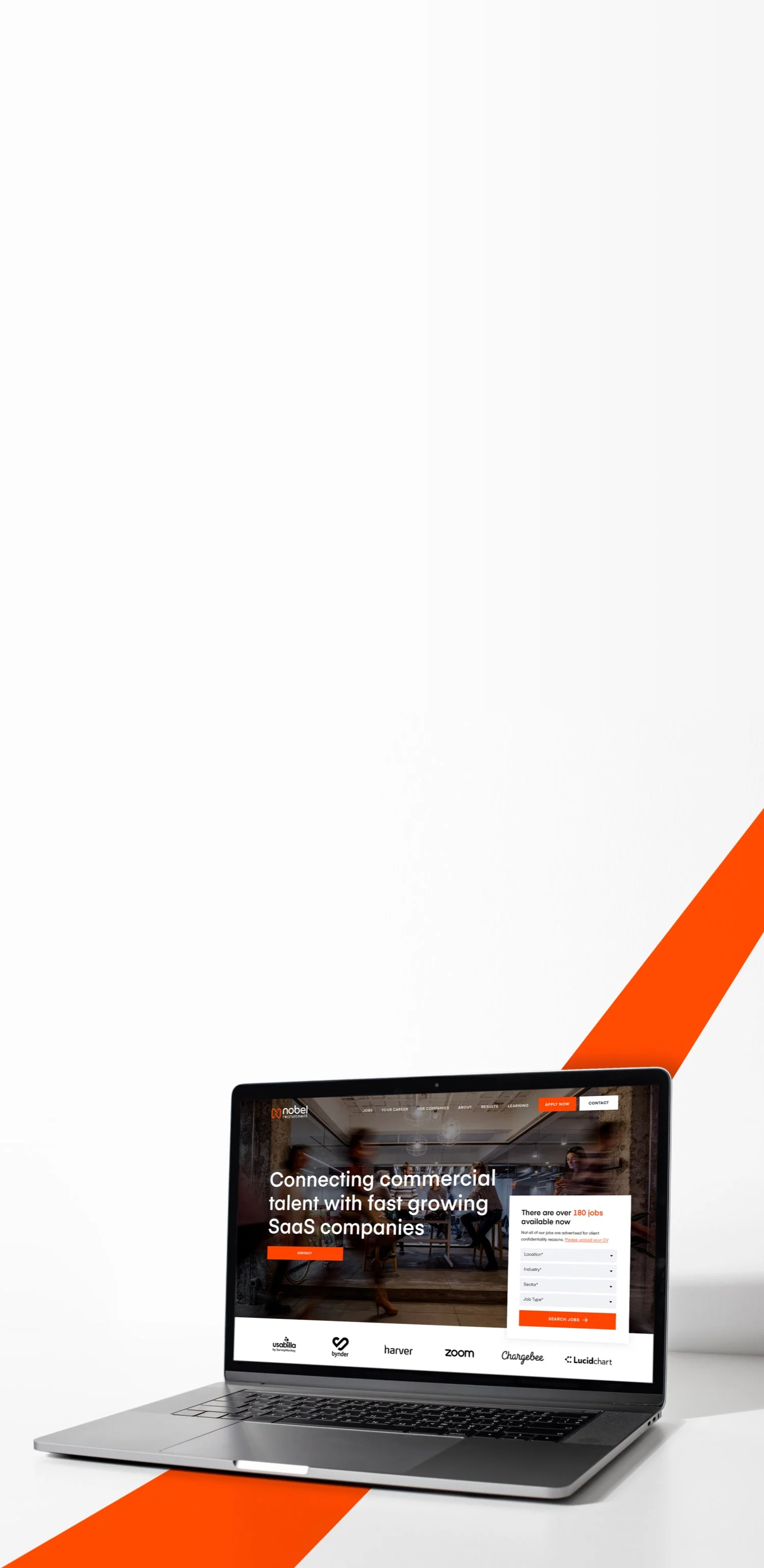 Mobile page header showing the Nobel Recruitment homepage on a laptop screen