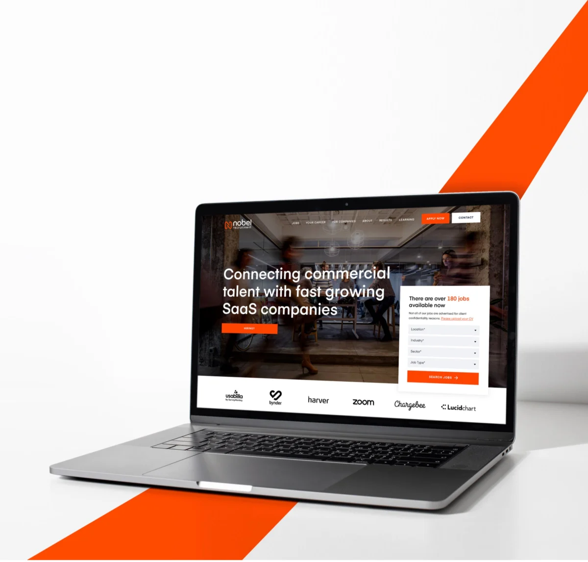 Laptop screen showing the Nobel Recruitment homepage connecting commercial talent with SaaS companies