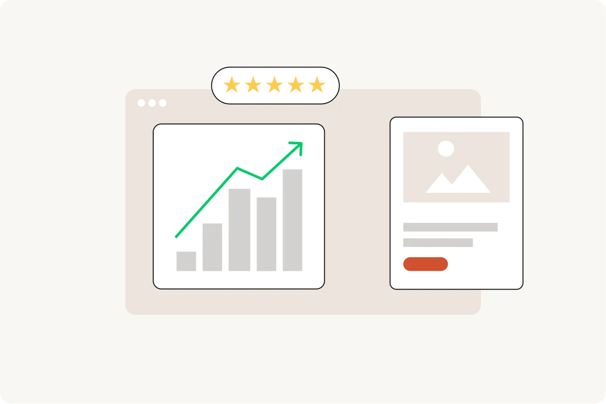 Website performance dashboard showing a five-star rating and an upward growth chart
