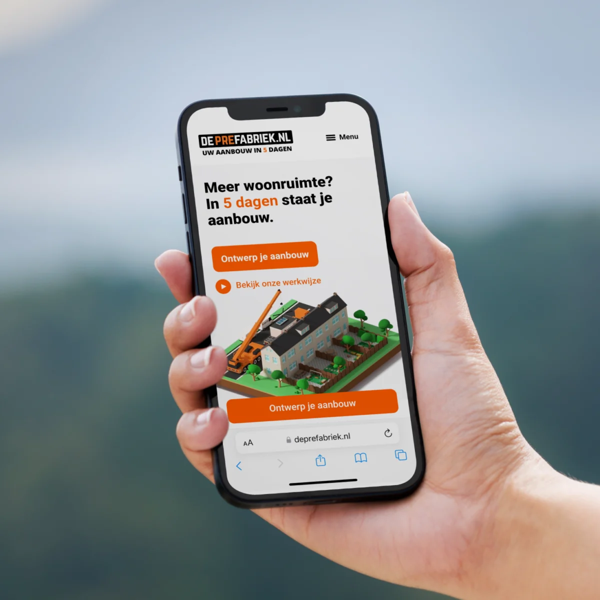 Smartphone displaying the De Prefabriek website with a 3D rendered house extension
