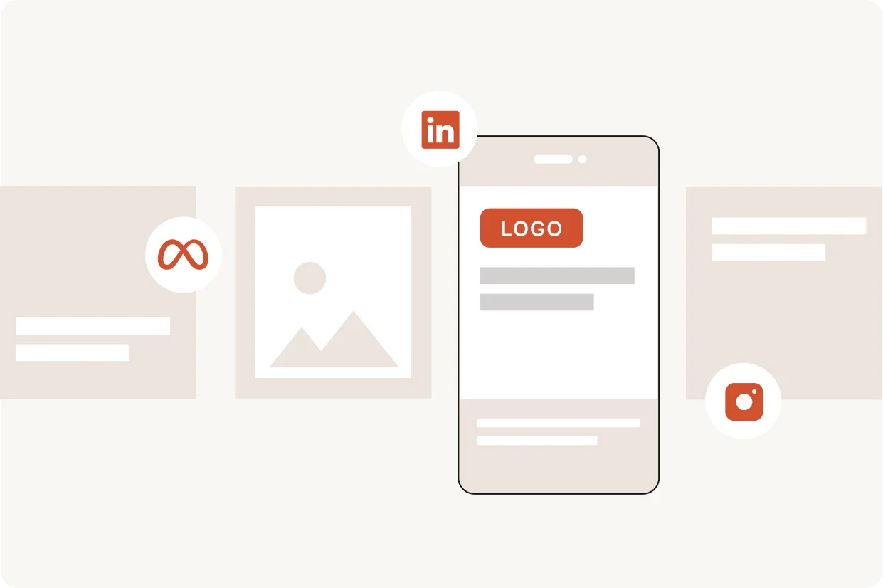 Mobile mockup with LinkedIn, Meta, and Instagram icons around social media post templates