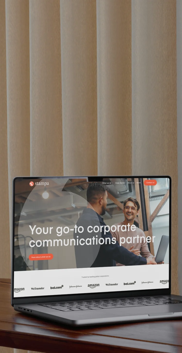 Mobile page header showing the Stampa corporate communications homepage on a laptop