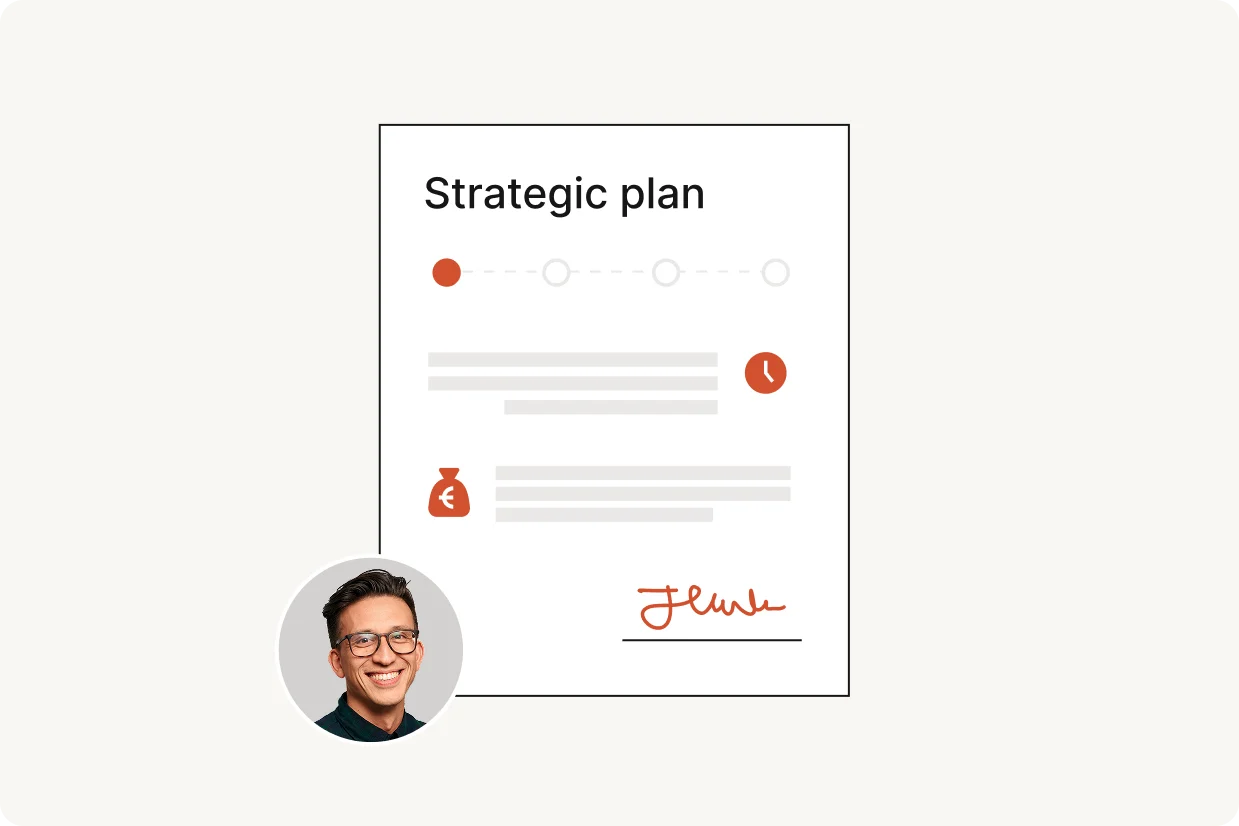 Ondertekend strategisch plan met tijdlijn, budgetpictogrammen en een foto van een teamlid
