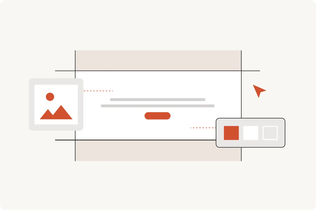 Webpage design mockup with alignment guides, color swatches, and image placeholder blocks