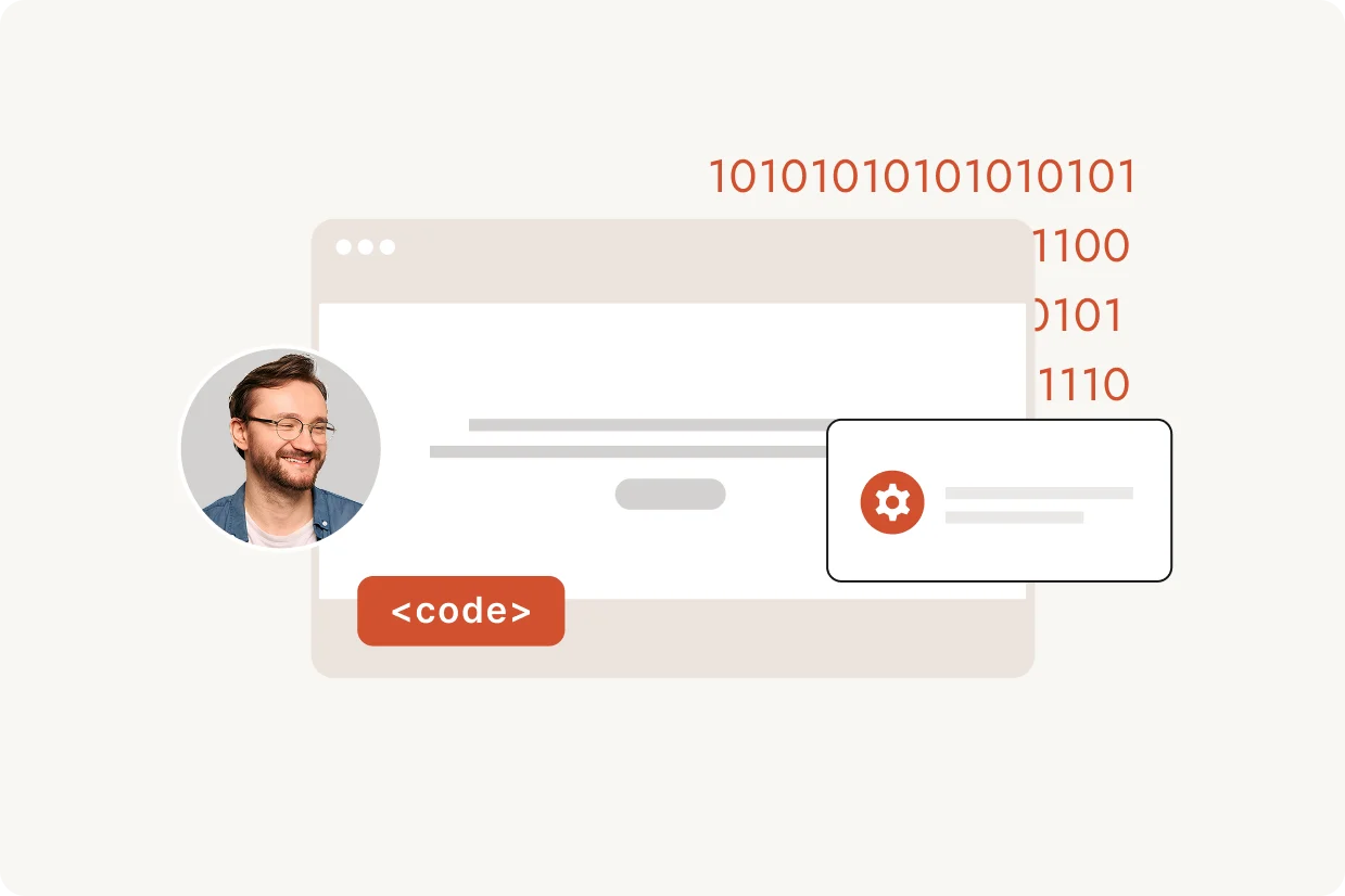 Browser window mockup with a code button, settings panel, and binary code accents
