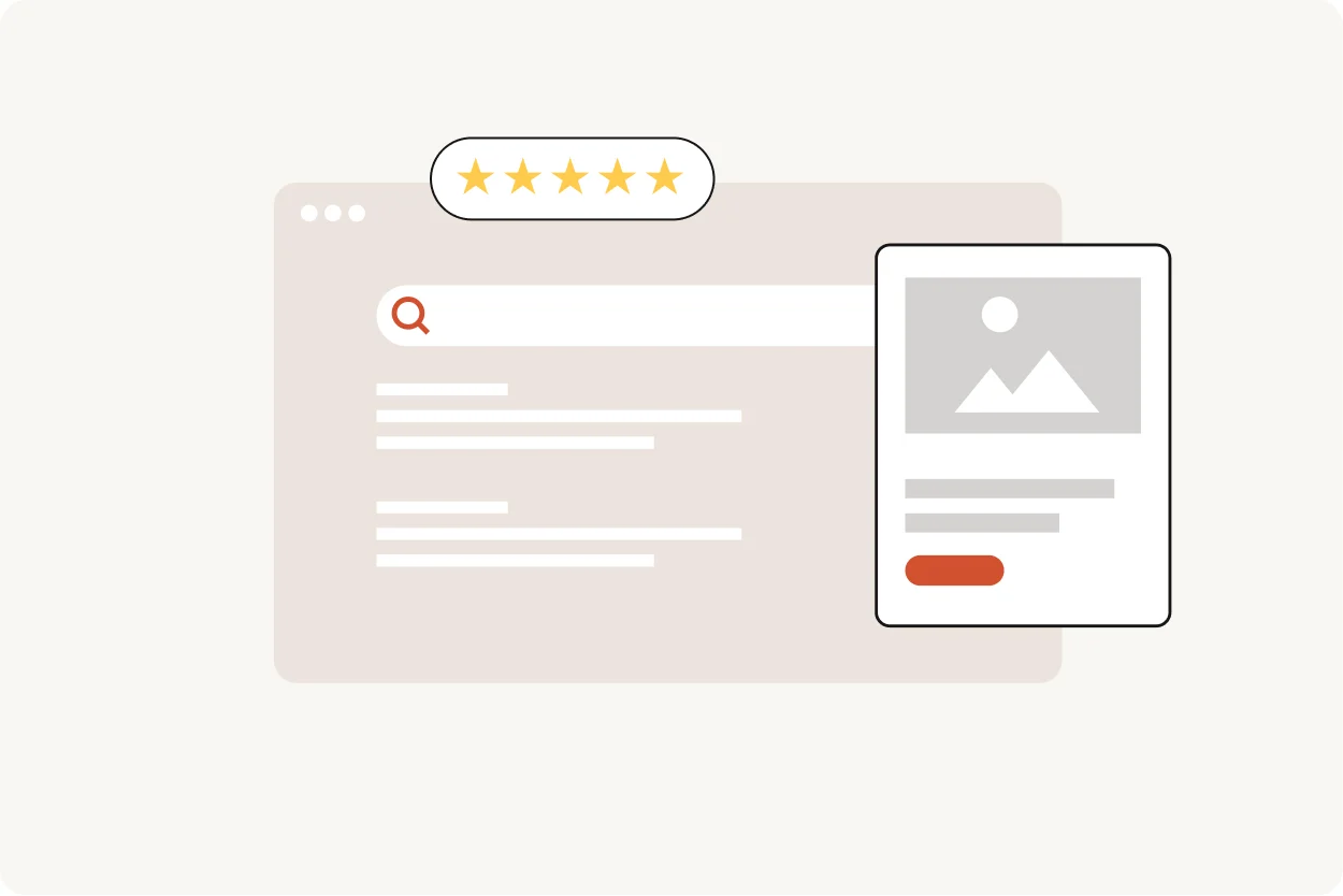 Illustration of a search results page with a five-star rating and display ad banner