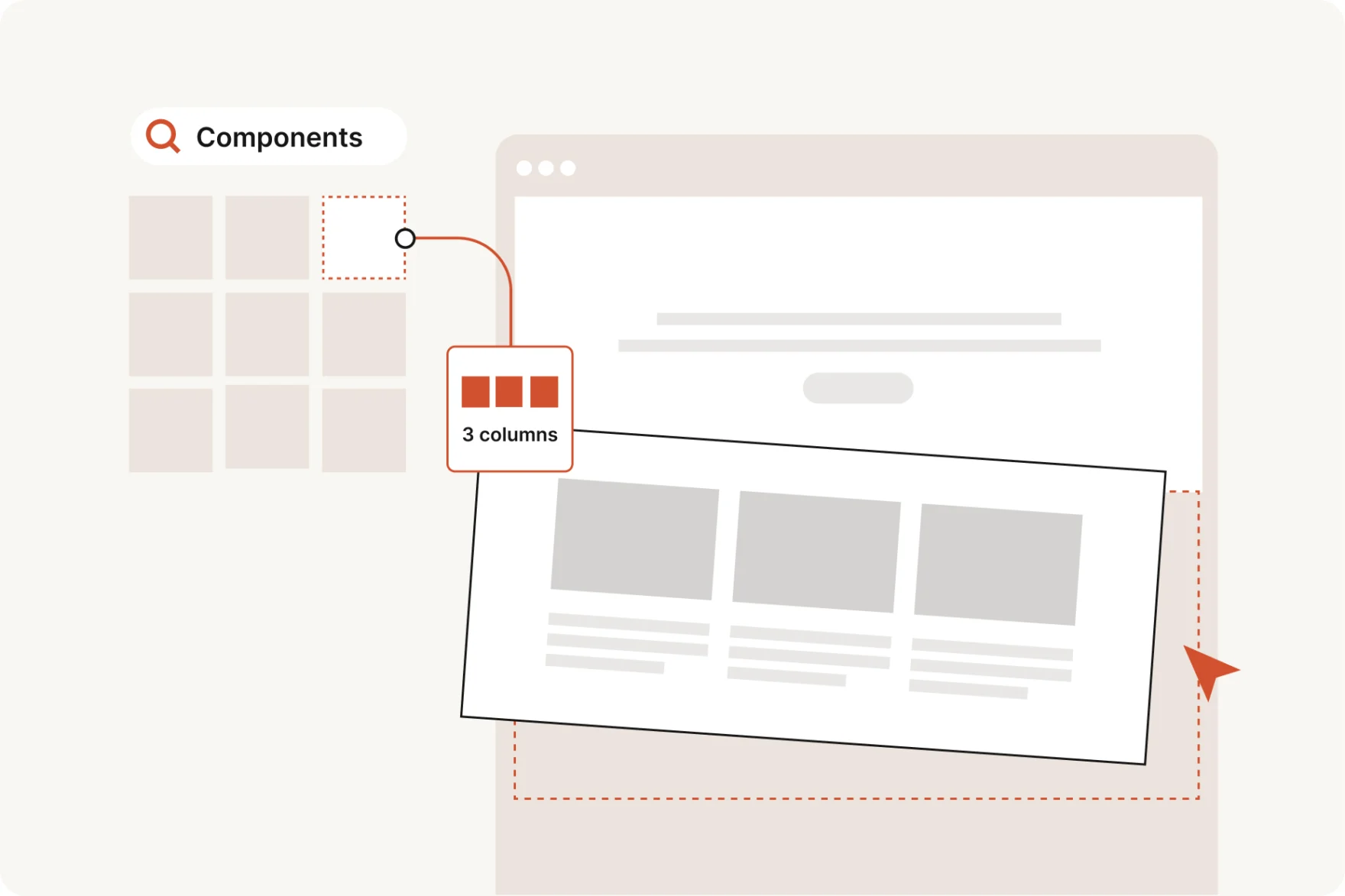 Illustration of a 3-column component being dragged into a no-code website builder
