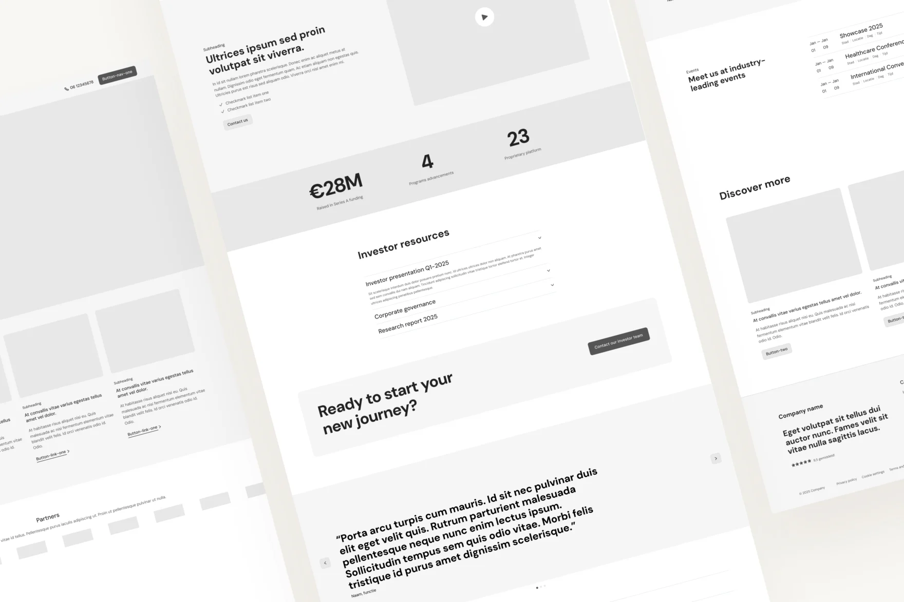 Grayscale wireframe mockups of website page layouts with placeholder content
