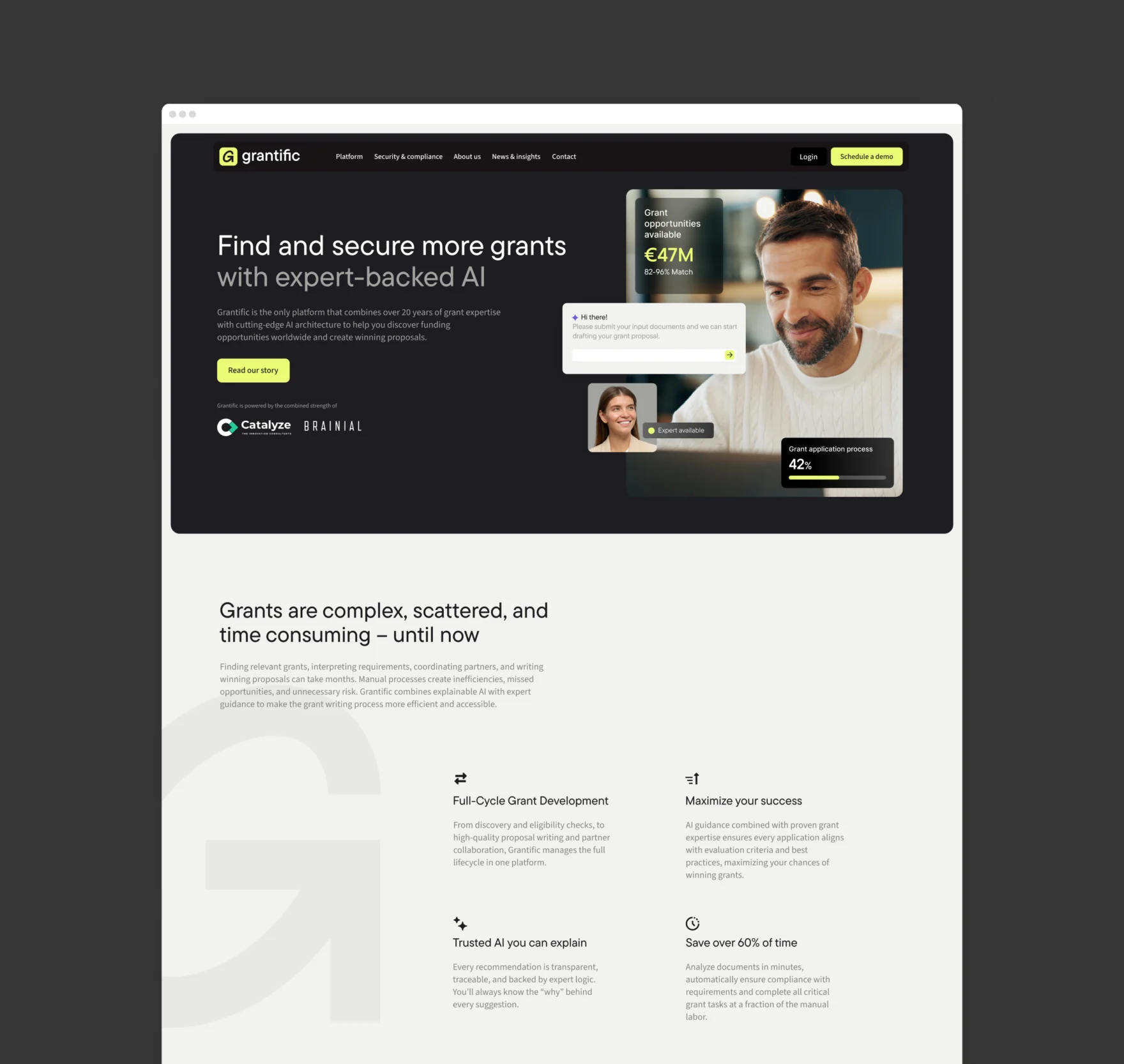 Grantific homepage hero section with dark AI-powered grant platform design