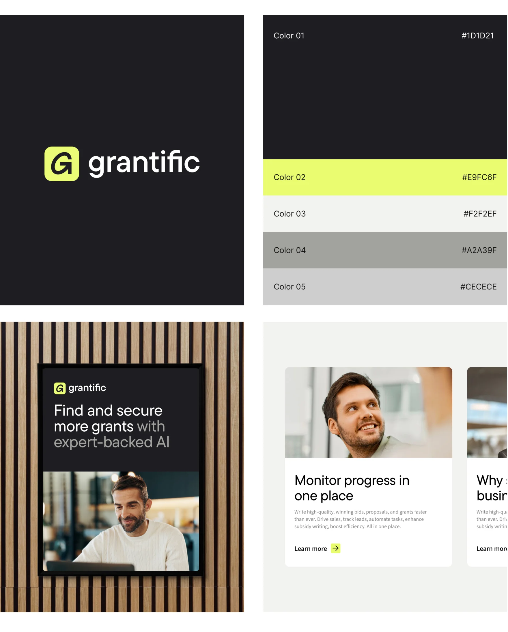 Grantific brand board with logo, color palette, office signage, and website design