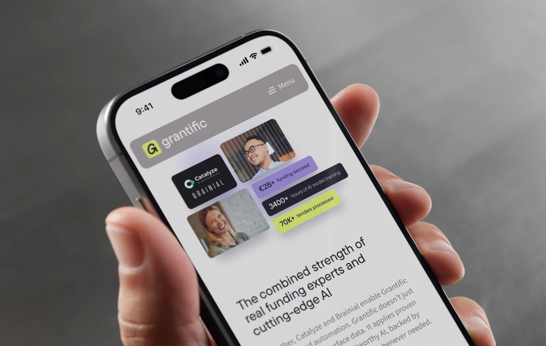 Grantific mobile website on a smartphone showing funding statistics