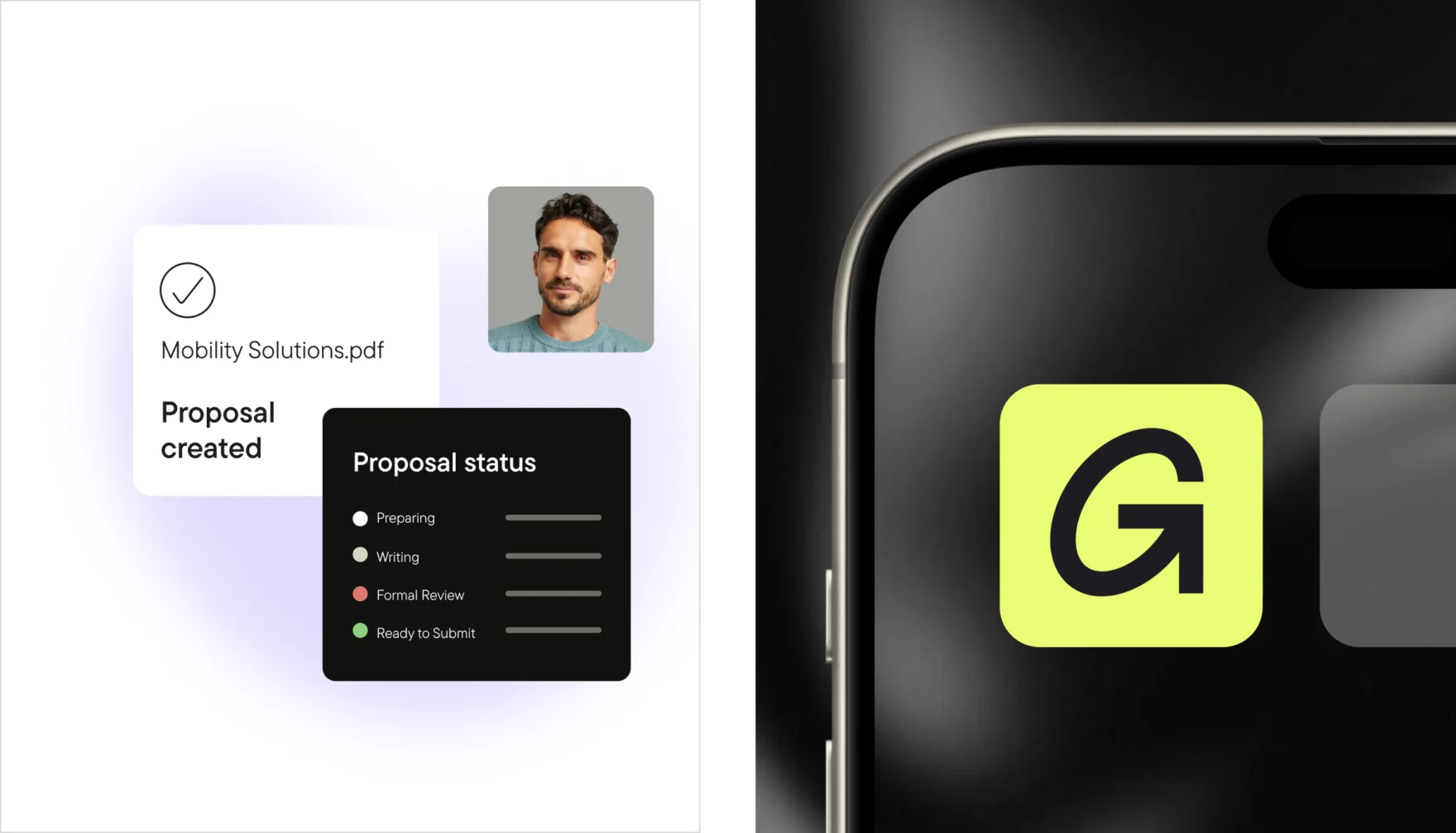 Grantific proposal tracking interface next to the app icon on a smartphone